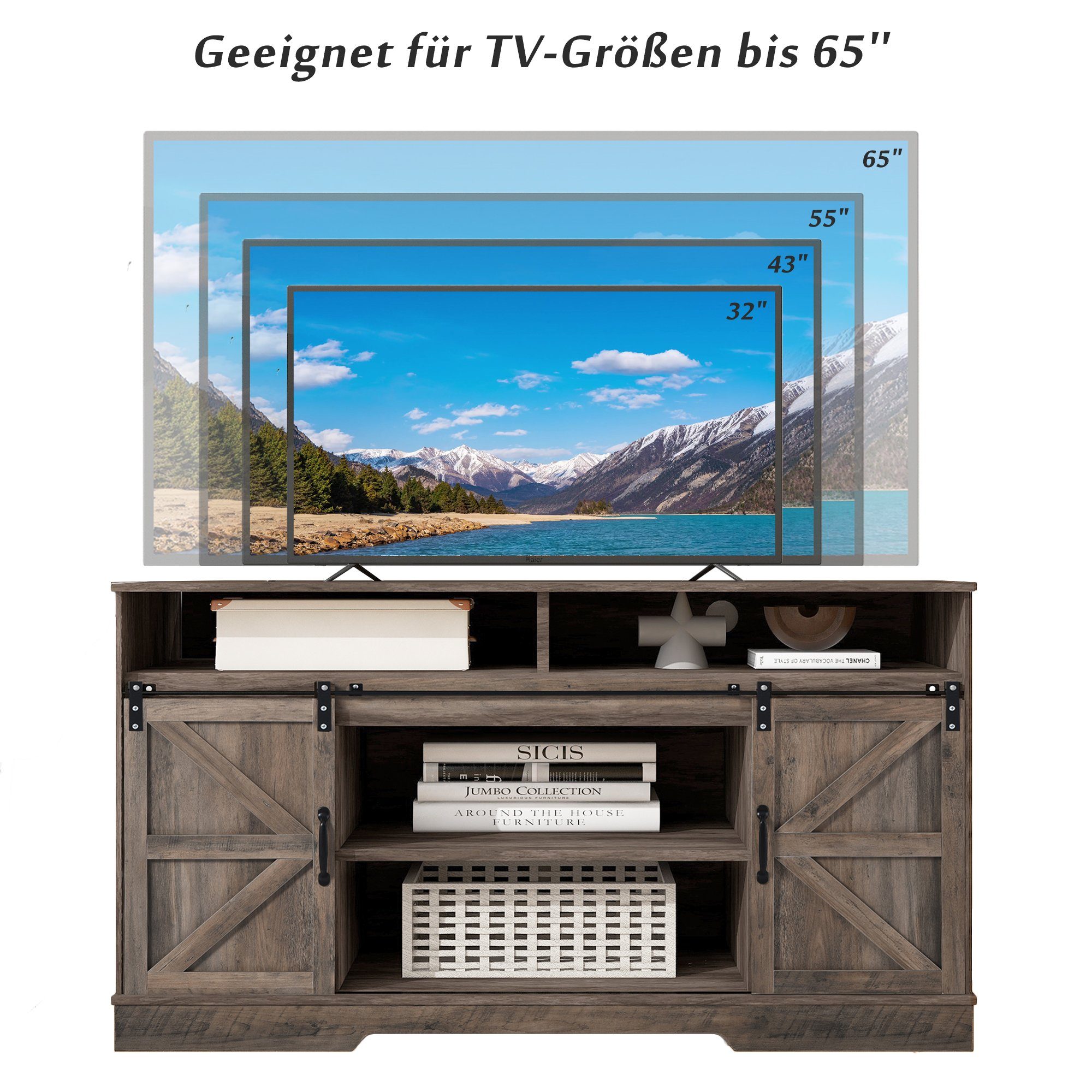 Lowboard (Fernsehtisch Fernsehschrank), TV Schrank mit Schiebtüren, großem Stauraum, Breite 150 cm
