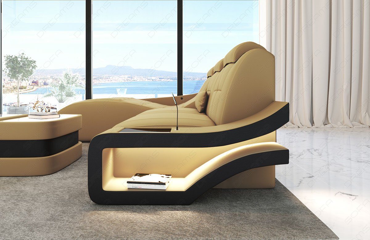 L Stoff - Bettfunktion mit LED, Sofa, Form Sofa Couch M Dreams Polster beige-schwarz Stoffsofa wahlweise Elegante mit Ecksofa