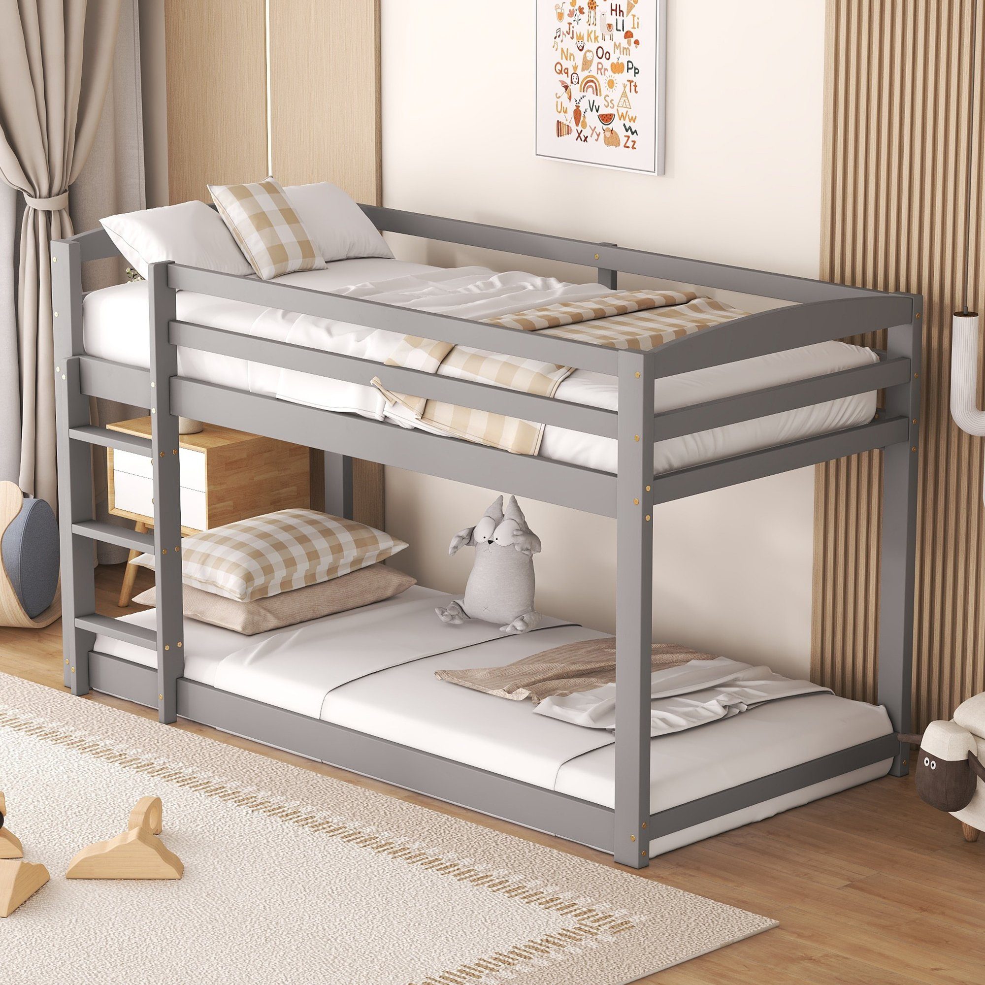 OKWISH Etagenbett 90x200 cm in Weiß, vielseitig als Kinder-, Jugend- oder Gästebett (90x200cm, 1-St., Hochbett mit Leiter aus Massivholz Kiefer/MDF), Ohne Matratze – für langjährigen Spiel- und Schlafspaß