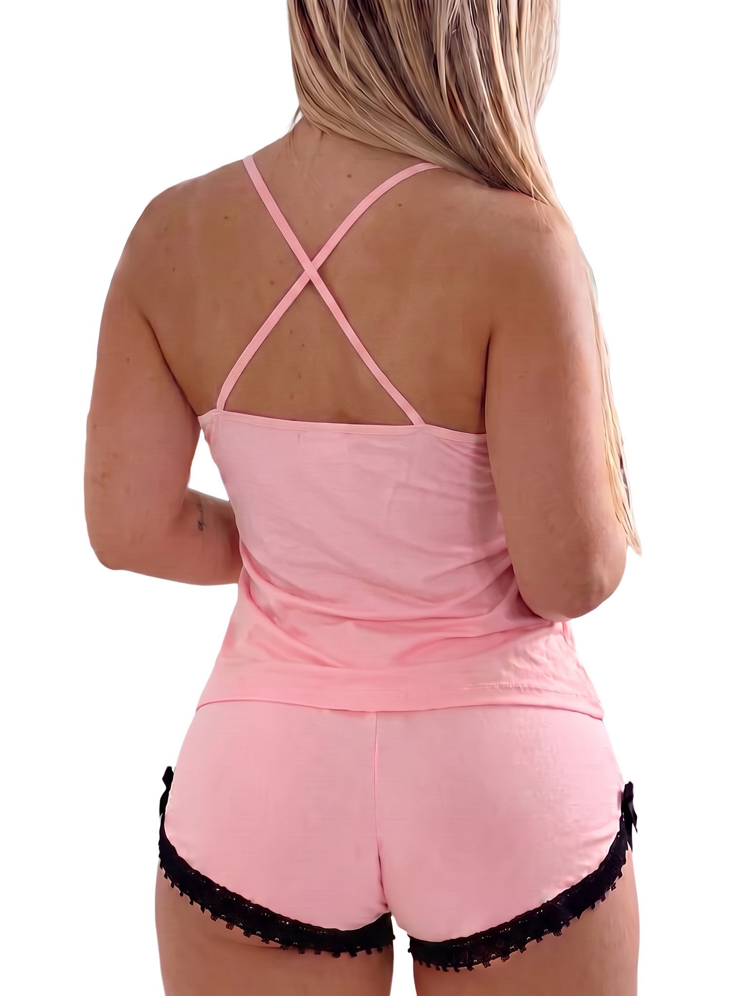 Lovolotti Pyjama Zweiteiliger Schlafanzug mit Spitzenbesatz Spaghettiträgern und Shorts – Bild 2 von 2