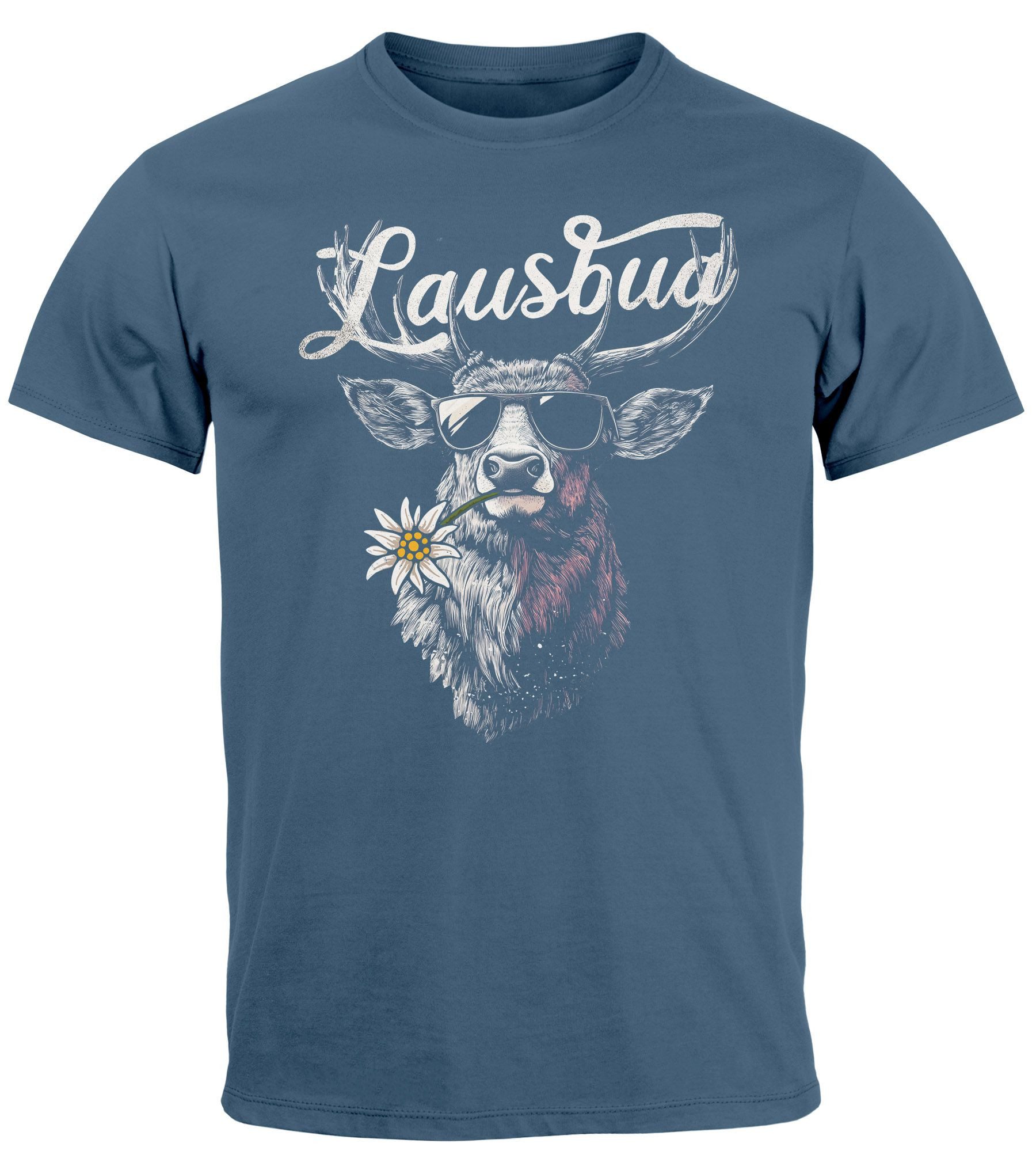 Print-Shirt Herren T-Shirt Trachtenshirt Hisch Alpen Edelweiß Schriftzug Lausbua