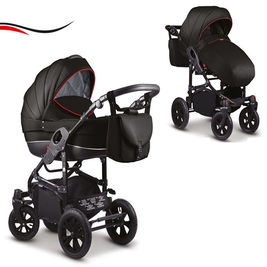 babies-on-wheels Kombi-Kinderwagen 2 in 1 Kinderwagen-Set Cosmo - 13 Teile - in 16 Farben Schwarz-Roter-Streifen
