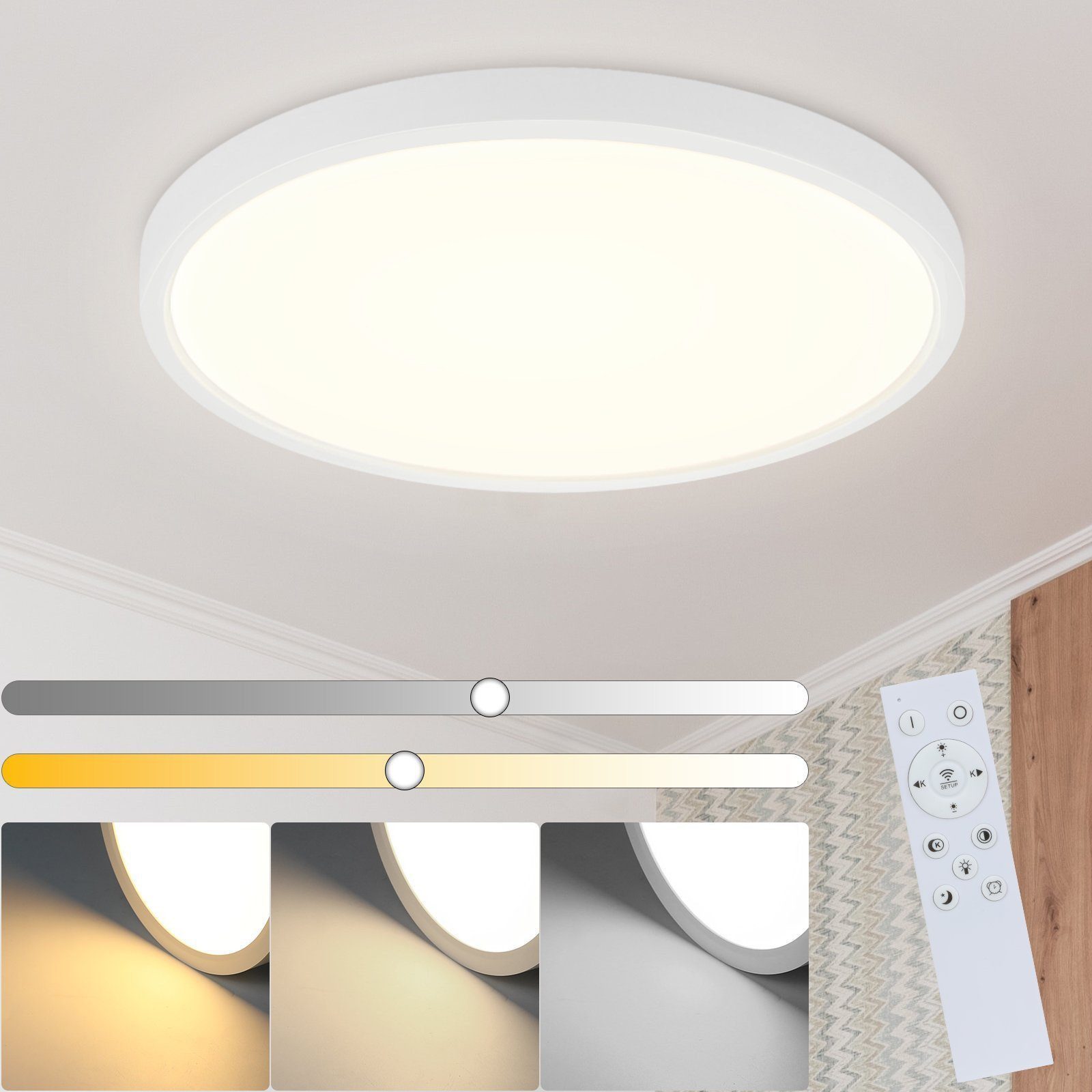 Nettlife LED Panel Schwarz Deckenlampe Flach Deckenbeleuchtung Rund, Dimmbar mit Fernbedienung,IP44 Wasserdicht, LED fest integriert, Warmweiß, Neutralweiß, Kaltweiß, für Küche Flur Badezimmer Schlafzimmer, 20W, 30*30*2.5cm