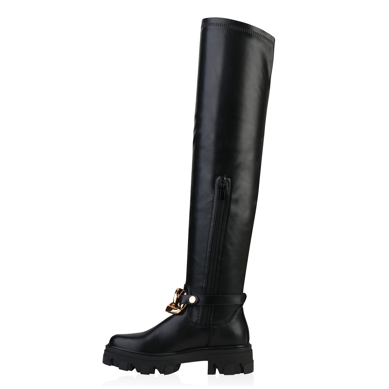 VAN HILL 837785 Overkneestiefel Damen Stiefel Overknees Blockabsatz Ketten günstig online kaufen