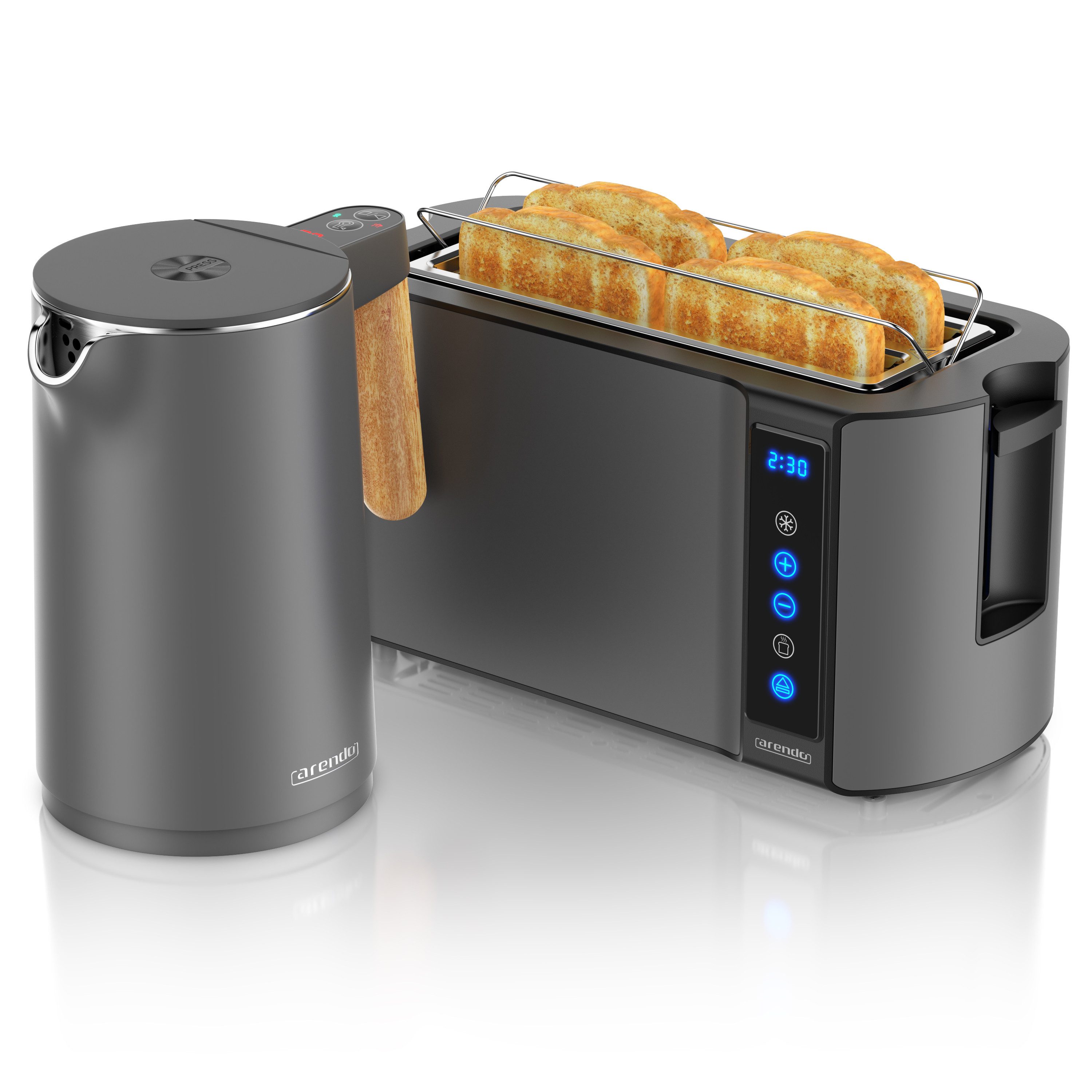 Arendo Frühstücks-Set Edelstahl Wasserkocher 1,5l, 4-Scheiben Langschlitz Toaster, Cool Grey (2-tlg), Wasserkocher mit Temperatureinstellung, Toaster Brötchenaufsatz, Touch