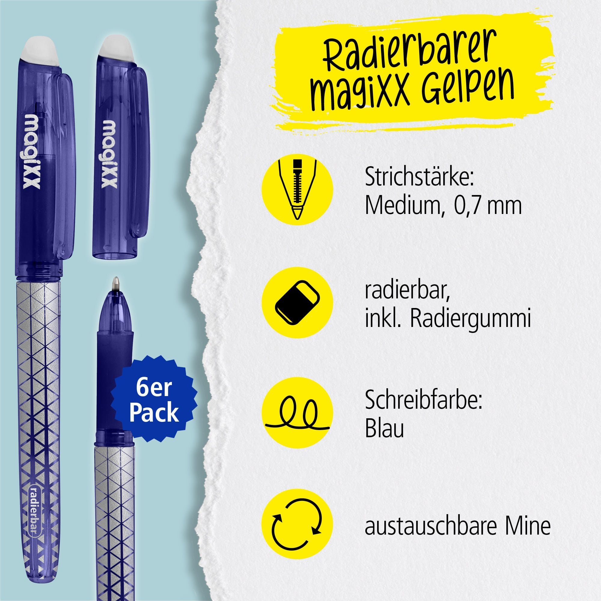 Thumbnail - Online Pen Tintenroller magiXX Classic, (6x radierbare Gelschreiber blau, ergonomisches Griffstück), Gelpens für Schüler...