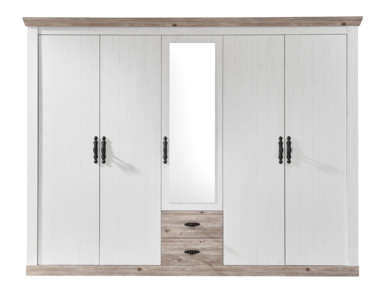 Furn.Design Kleiderschrank Rovola (5-türig in Pinie weiß Landhaus, 265 x 201 cm) mit 7 Wäschefächern und 2 Schubladen