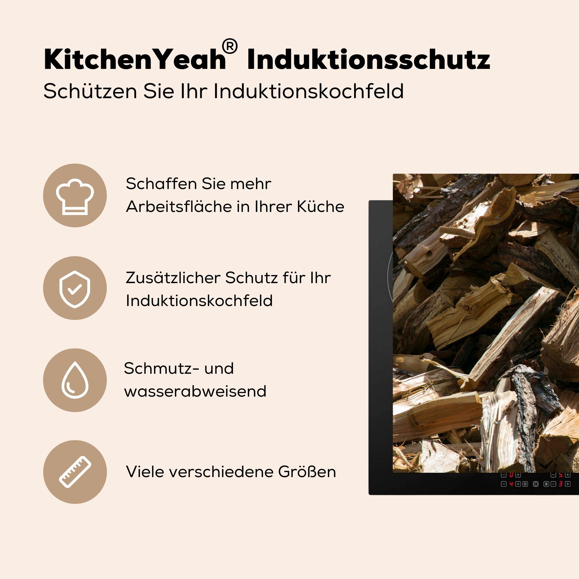 die küche, für Herdblende-/Abdeckplatte 81x52 Schutz Ceranfeldabdeckung tlg), Brennholz, aufgeschichtetes Induktionskochfeld Schlampig (1 Vinyl, MuchoWow cm,