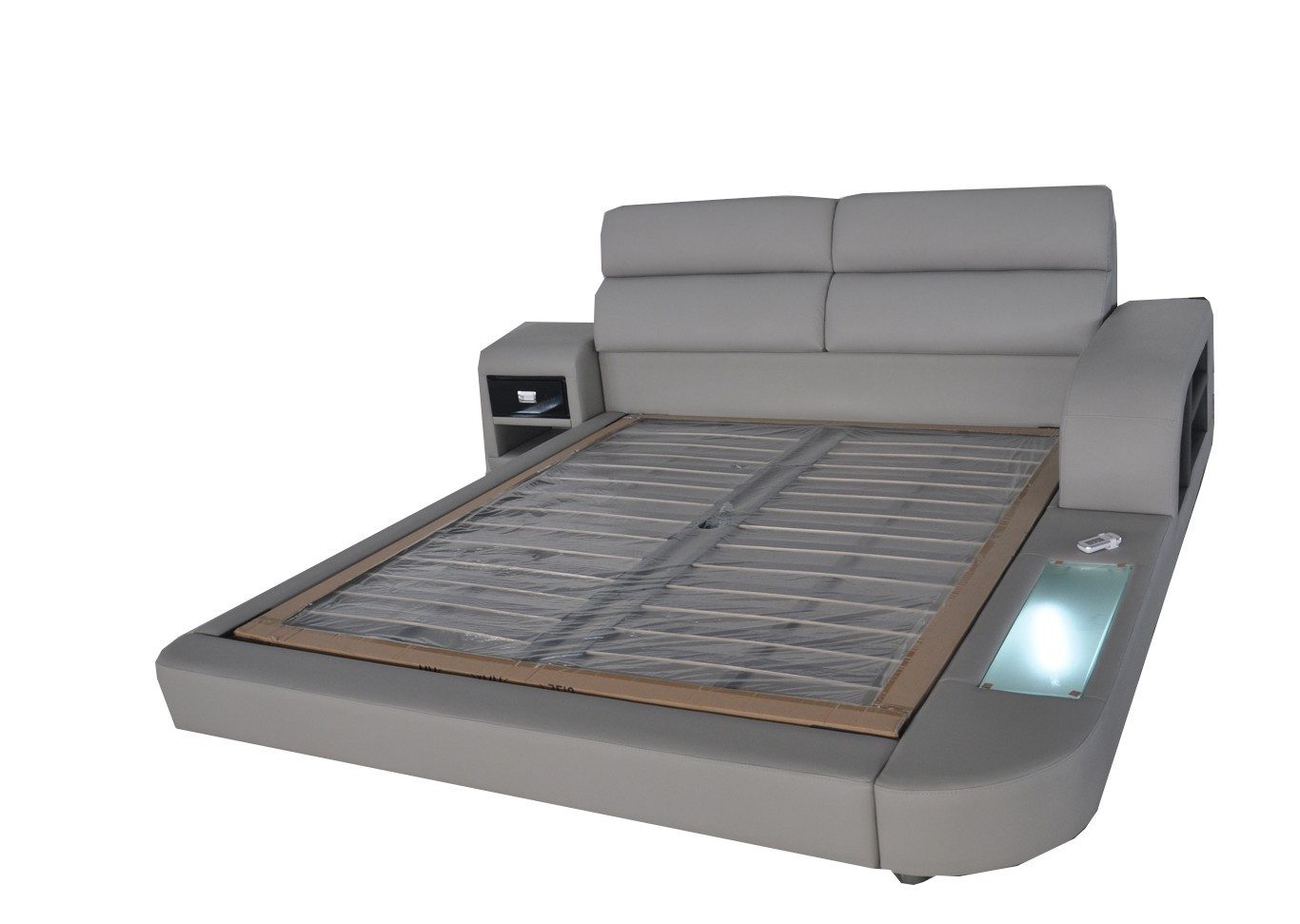 JVmoebel Polsterbett Elegantes Doppelbett aus grauem Echtleder mit Stauraum, Made in Europa