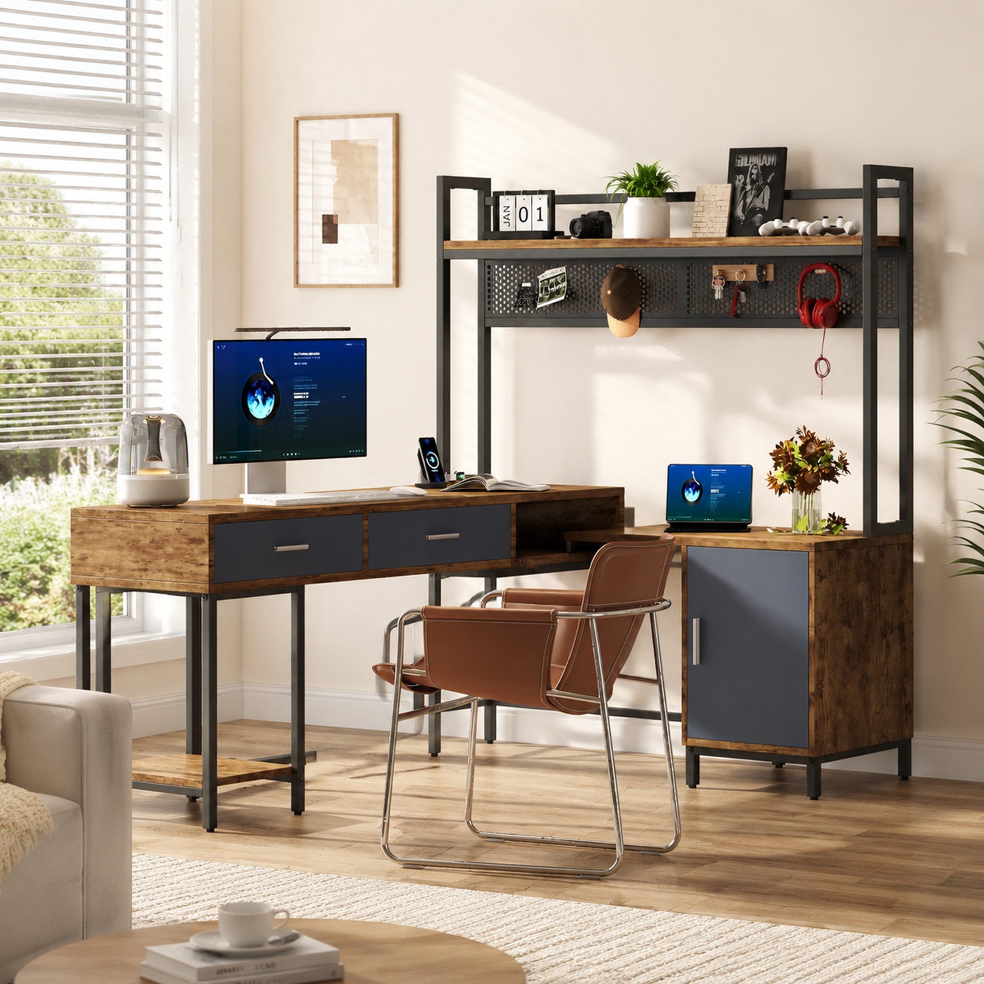 Fine Life Pro Stehpult L-förmiger Schreibtisch, Industriestil, Schwarz/Holz, 140x140x135 cm, Stahl & Holz, Schubladen, Drahtgeflecht