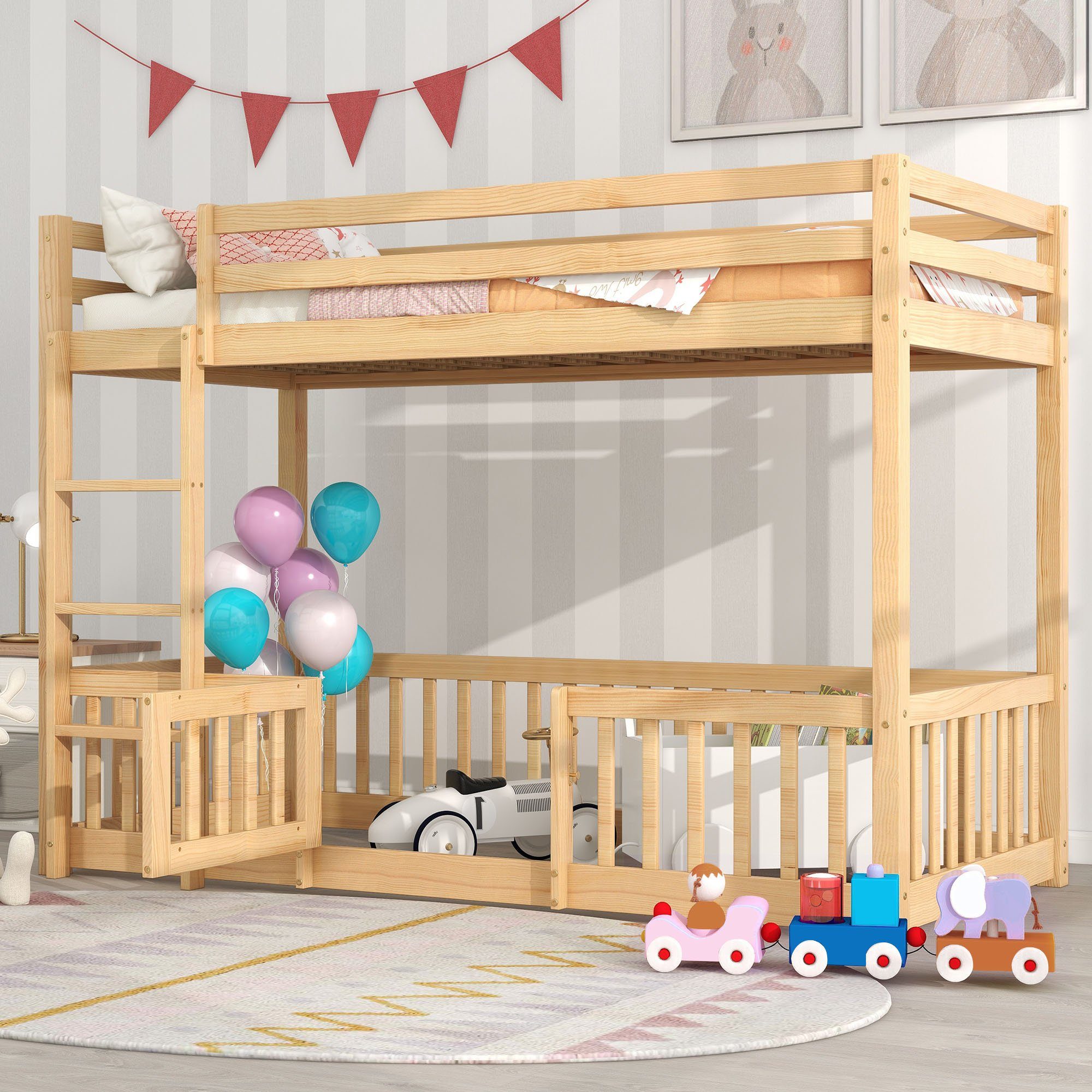 REDOM Kinderbett Etagenbett mit rechtwinkliger Treppe, Bett mit Zäune und Türchen (Kinderbett mit Fallschutz und Gitter, natur (200x90cm)