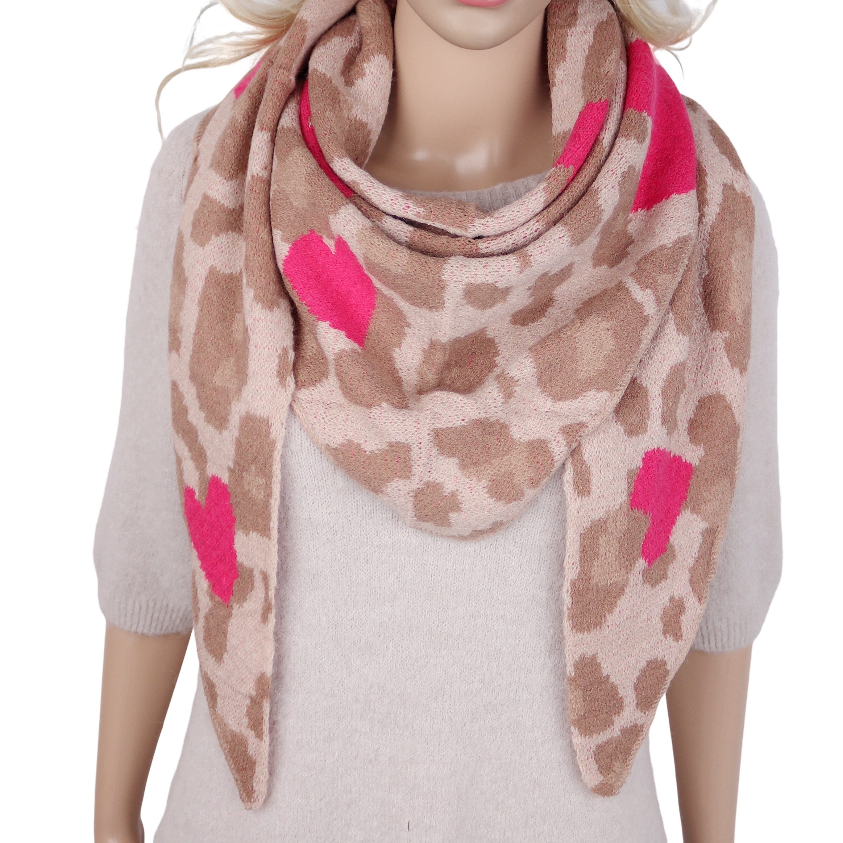 MIRROSI Dreieckstuch Damen Winterschal 180x65 cm – weicher Leo Schal mit Herz-Muster, (Neue Kollektion Herbst/Winter 2026), XXL Strickschal aus Viskose-Mix