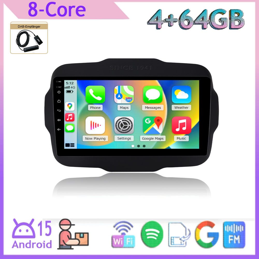 A-Sure 9 Zoll 8-Core Carplay Android 15 Autoradio Für Jeep Renegade 2014-2024 Autoradio (Digitalradio (DAB), FM, AM, 1280*800 IPS Screen/8-Core CPU, RDS, DSP, GPS, SWC, Navi, UI Theme, Siri, Mirrorlink, Google play, Netflix, Youtube, Calendar, TikTok)