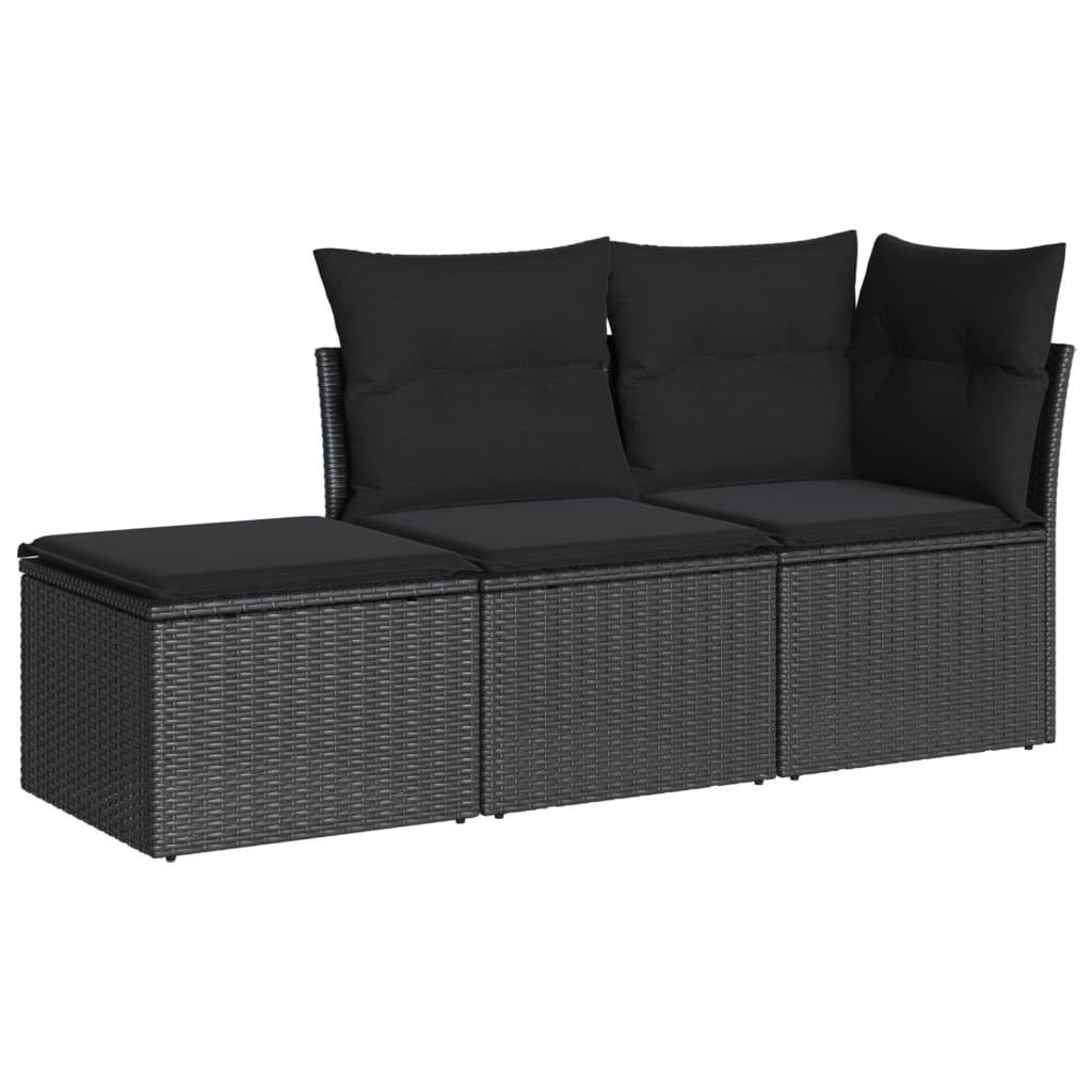 vidaXL Gartenlounge-Set 3-tlg. Garten-Sofagarnitur mit Kissen Schwarz Poly Rattan, (3-tlg)