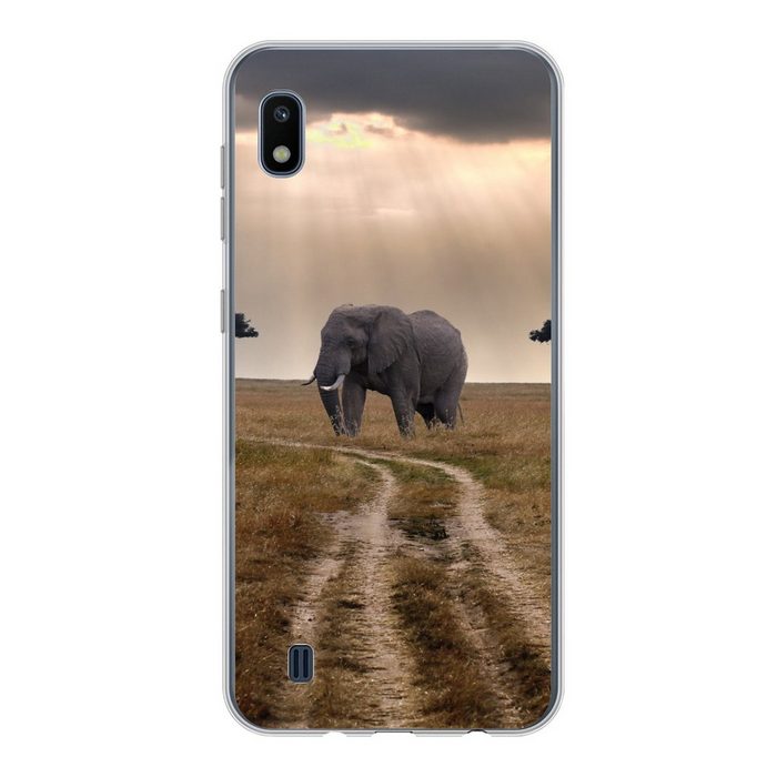 MuchoWow Handyhülle Sonnenschein auf einem Elefanten in einem Naturschutzgebiet Handyhülle Samsung Galaxy A10 Smartphone-Bumper Print Handy