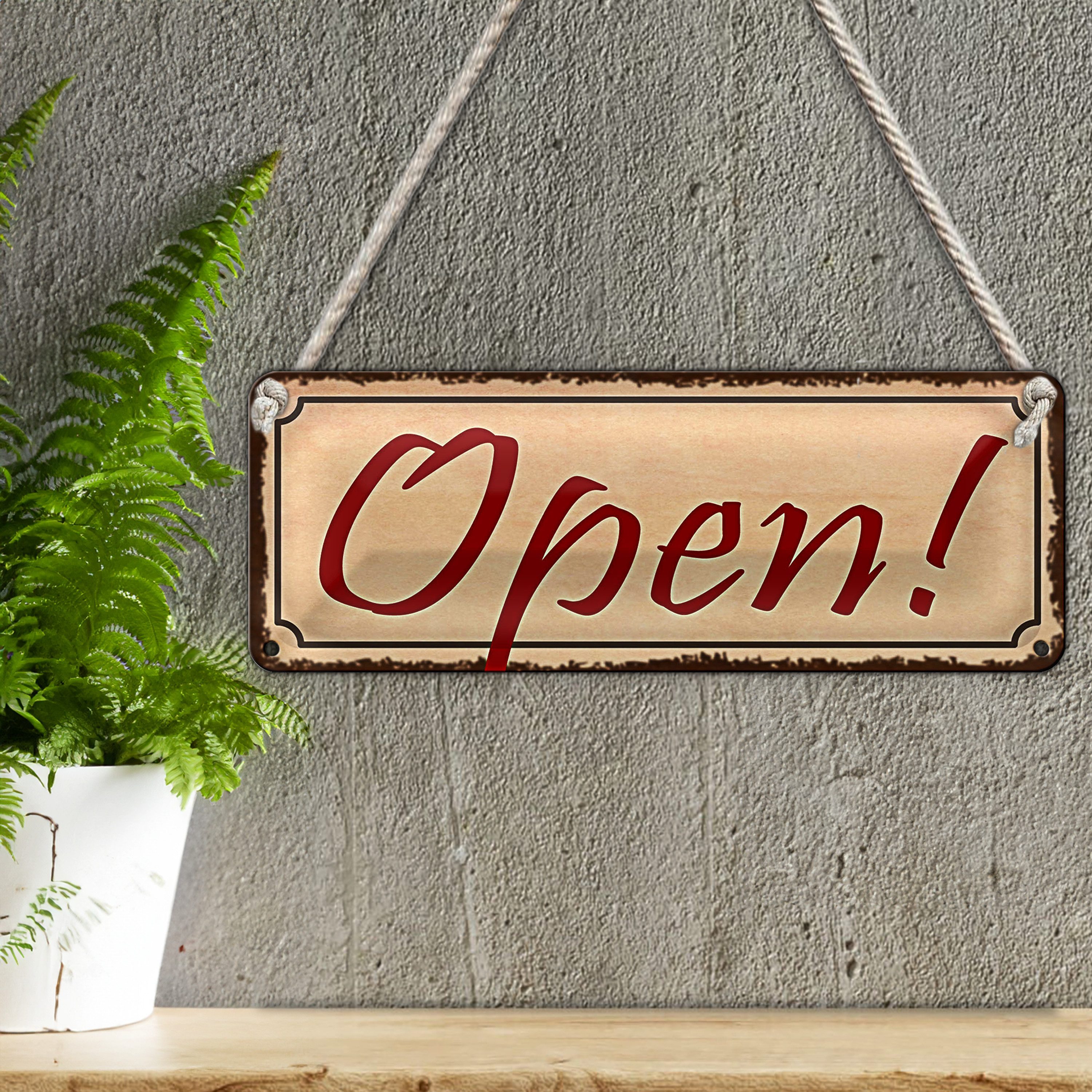 Roomando Metallschild Blechschild Hinweis 27x10cm Open beige Schild