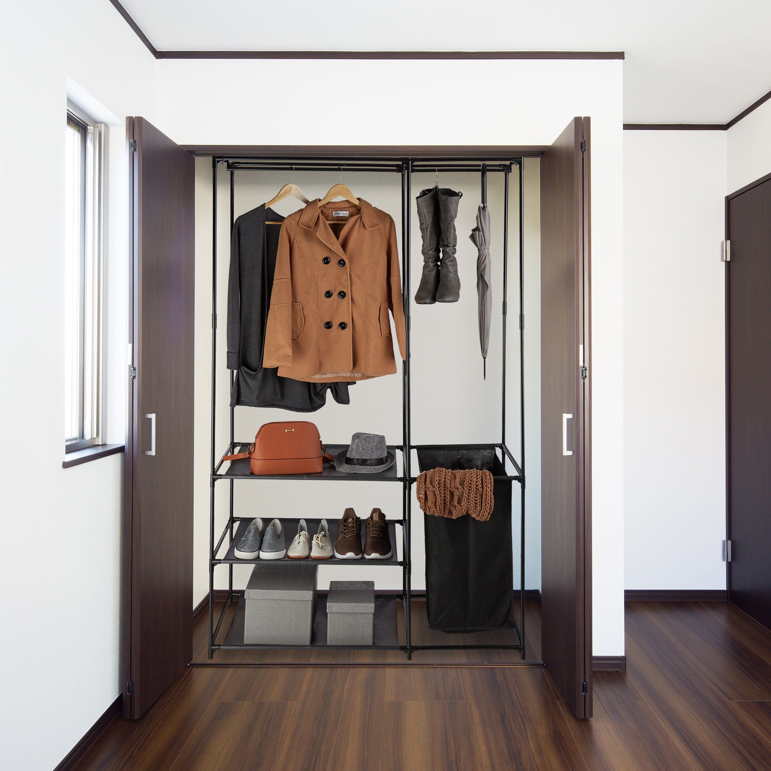 relaxdays Kleiderschrank Offener Kleiderschrank mit Wäschekorb schwarz günstig online kaufen