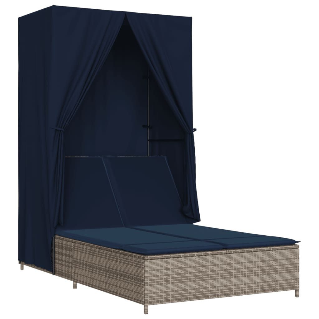 vidaXL Gartenliege Doppel-Sonnenliege mit Dach und Vorhängen Grau Poly Rattan, 1 St.