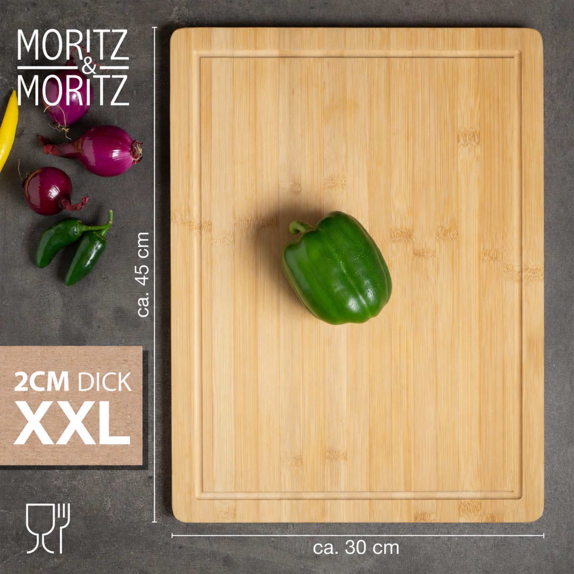 Moritz & Moritz Schneidebrett XXL Schneidebrett Bambus Groß - 45 x 30cm, Bambus, (45x30, 1-St), mit Saftrille