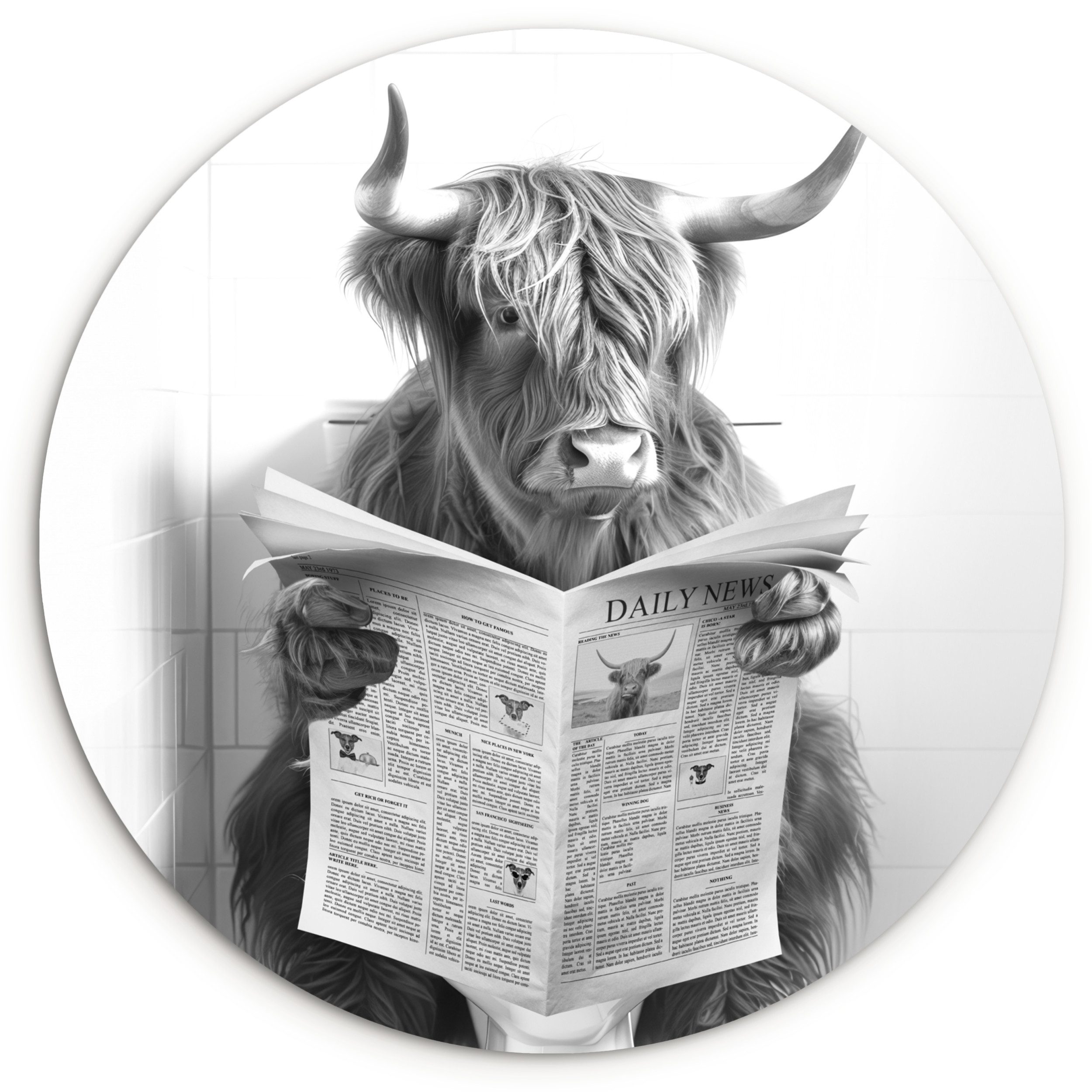 MuchoWow Gemälde Scottish Highlander - Tier - Zeitung - WC, Fotodruck (1 St), Kreis Wanddekoration, Rundes Wandbild, 30x30 cm