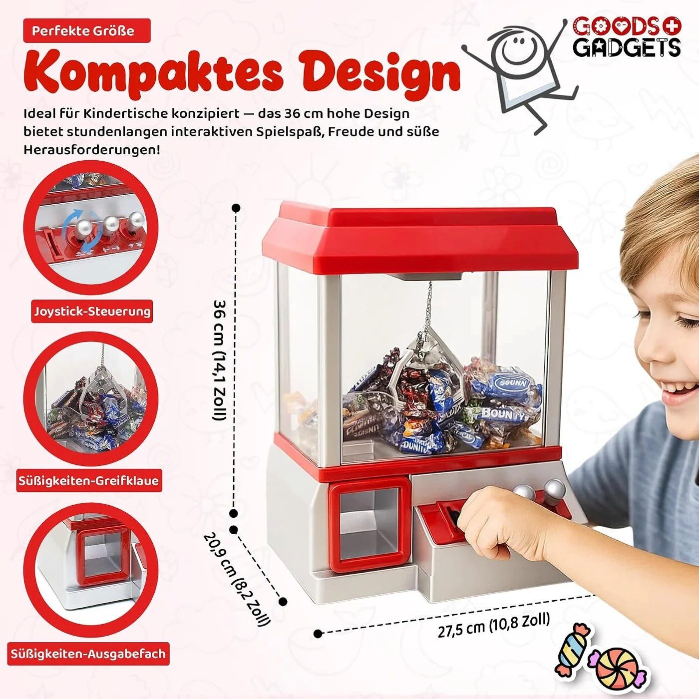 Goods+Gadgets Spieltisch Spieltisch Candy Grabber – Süßigkeitenautomat mit Greifarm & Joystick, (Spielautomat), Süßigkeiten Greifautomat – Bild 5 von 5