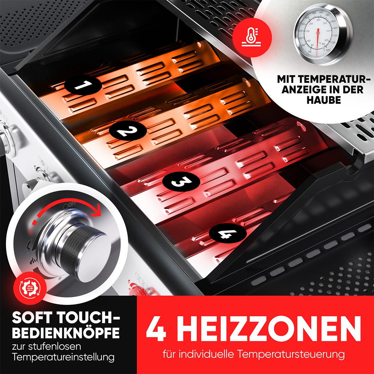 ProfiCook Gasgrill PC-GG 1311, Gasgrill bis zu 450°C, Grillroste aus Gusseisen