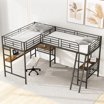 DOPWii Bett 90*200cm Hochbett,zwei Etagenbetten,Tisch unter dem Bett,Doppeltreppe, Kombiniertes Bett,Bett-Tisch-Kombination,Hohes Geländer,Weiß/Schwarz
