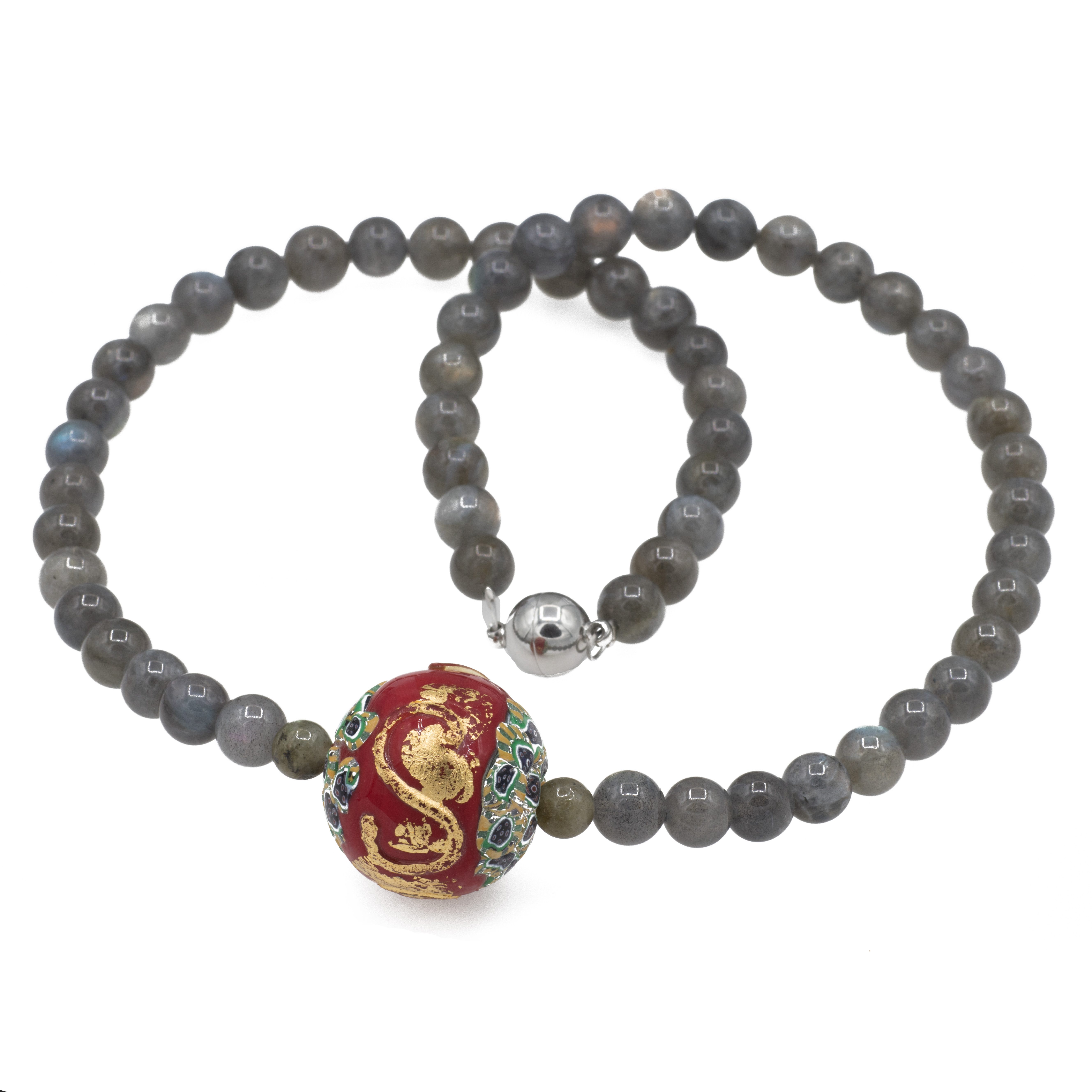 Perlenkette Kette mit Labradorit und einer Murano Glas Mosaik Perle