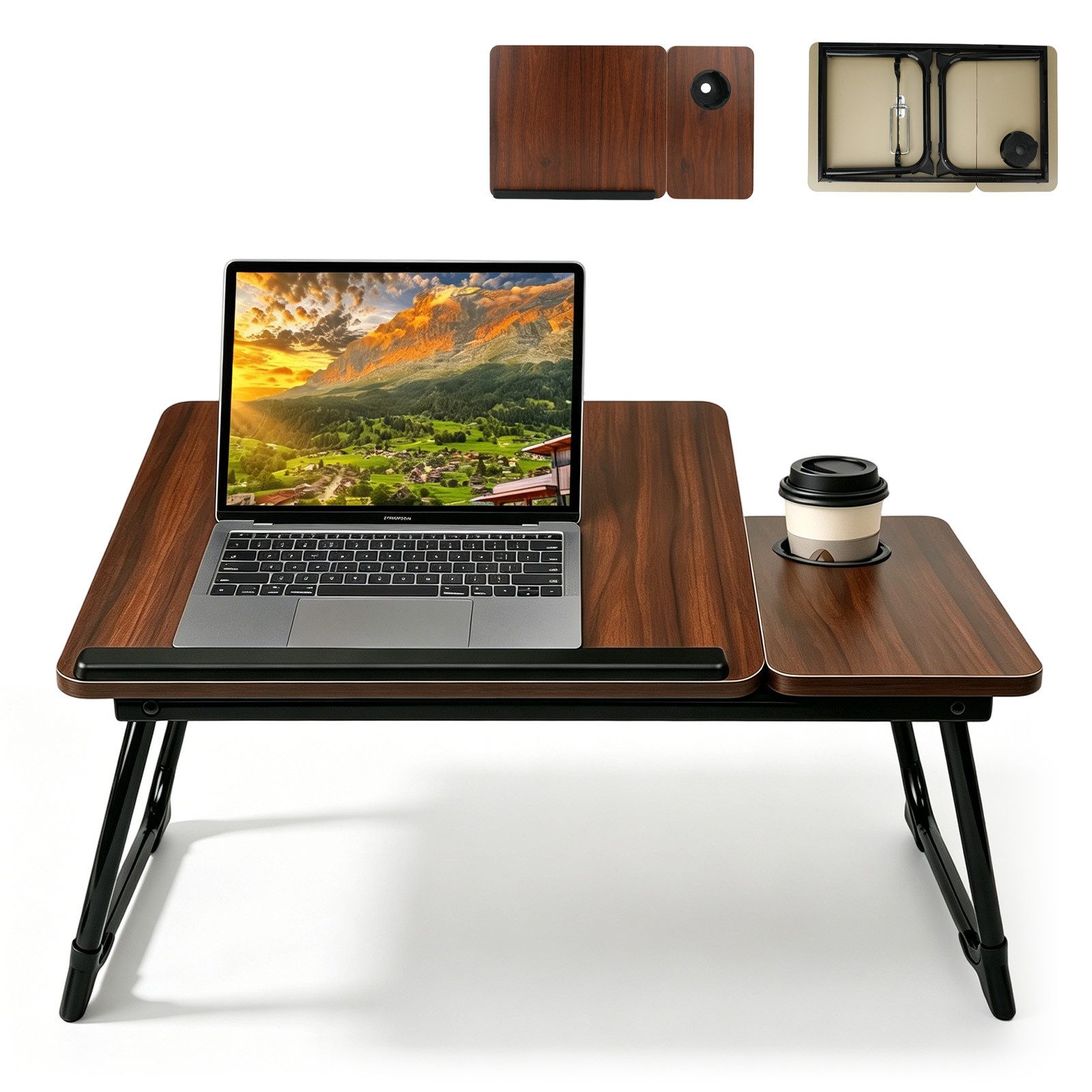 AKKEE Laptoptasche Tablett Höhenverstellbarer Laptoptisch Mit Getränkehalter, dunkle Walnussmaserung
