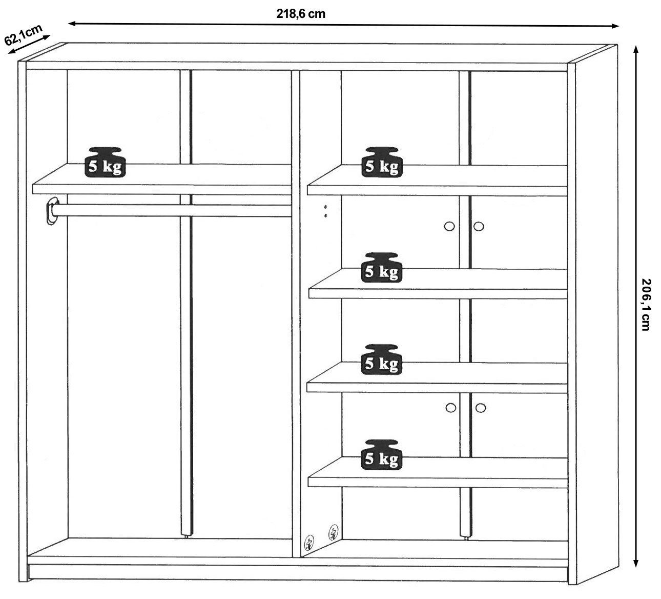 Feldmann-Wohnen IV 219x62x206cm, 2-türig mit Paloma Schwebetürenschrank schwarz Spiegel, Griffleisten