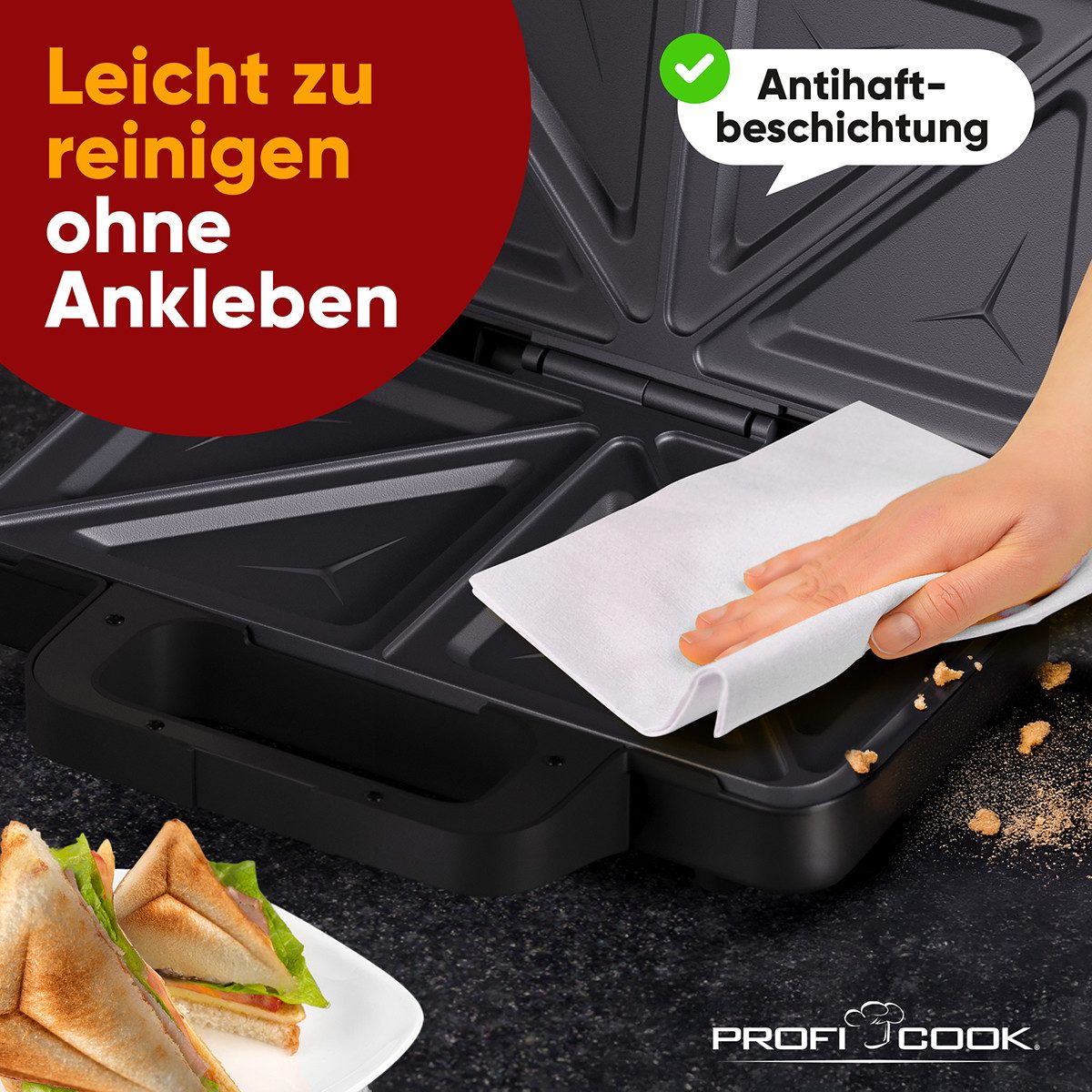 ProfiCook Sandwichmaker PC-ST 1315, Sandwichmaker, große Sandwichplatten, 900W