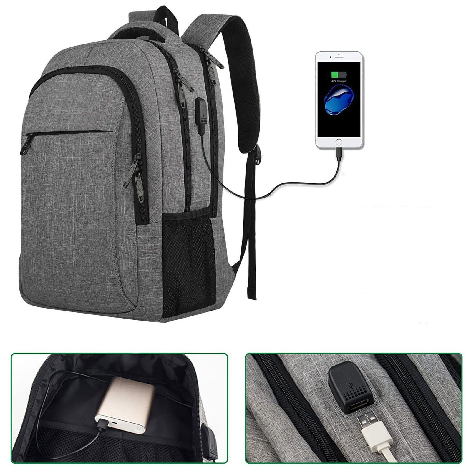 REDOM Laptoprucksack Herren Damen Business Rucksack wasserdicht Laptoptasche (Daypack mit USB Ladeanschluss, Anti-Diebstahl, mit Koffergurt), für Arbeit Uni Reise Freizeit Business