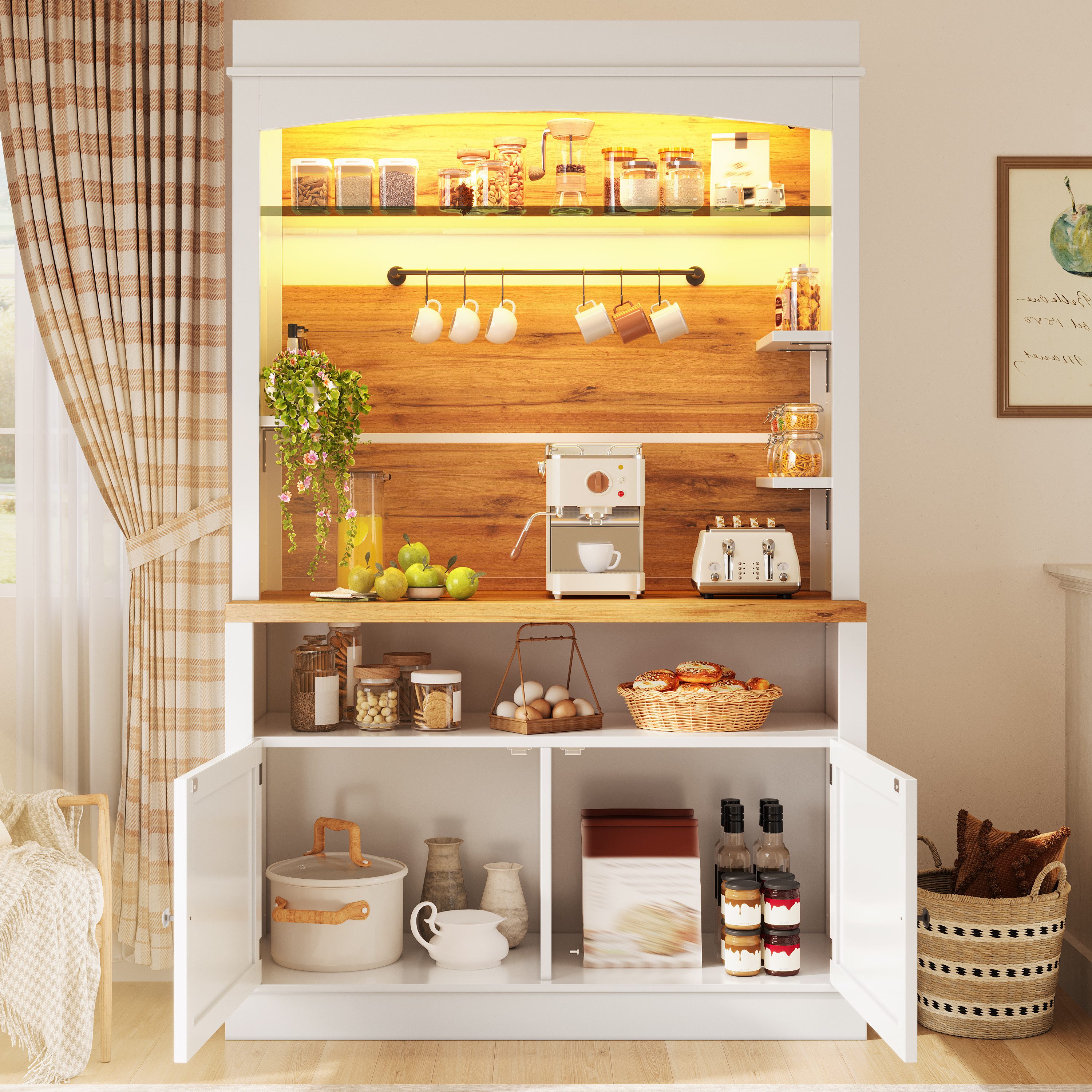 Flieks Küchenbuffet mit LED-Beleuchtung, Gläserhalter und Ablagen (1-St., 107x43x184 cm) Hochschrank Küchenschrank Buffetschrank mit Stauraum Weiß