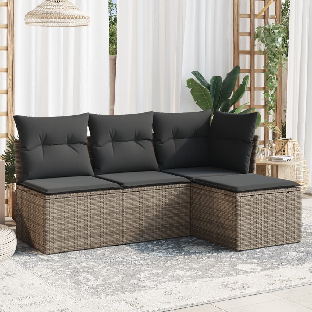 vidaXL Gartenlounge-Set 4-tlg. Garten-Sofagarnitur mit Kissen Grau Poly Rattan, (1-tlg)
