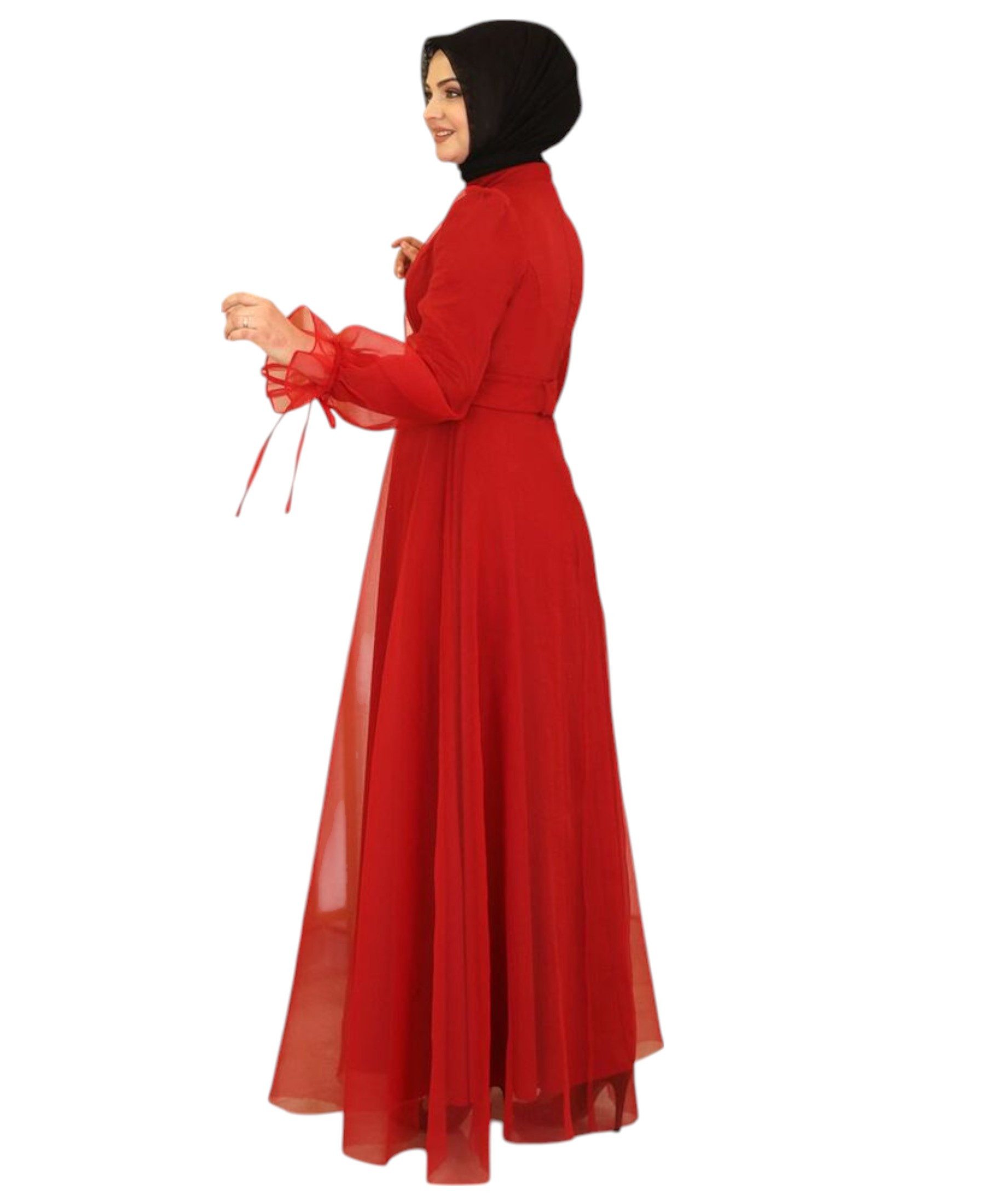 Modavitrini Abendkleid Damen Tüll Maxikleid Langarm – Festkleid mit Gürtel Modest Fashion Gürtel mit Schmucksteinen