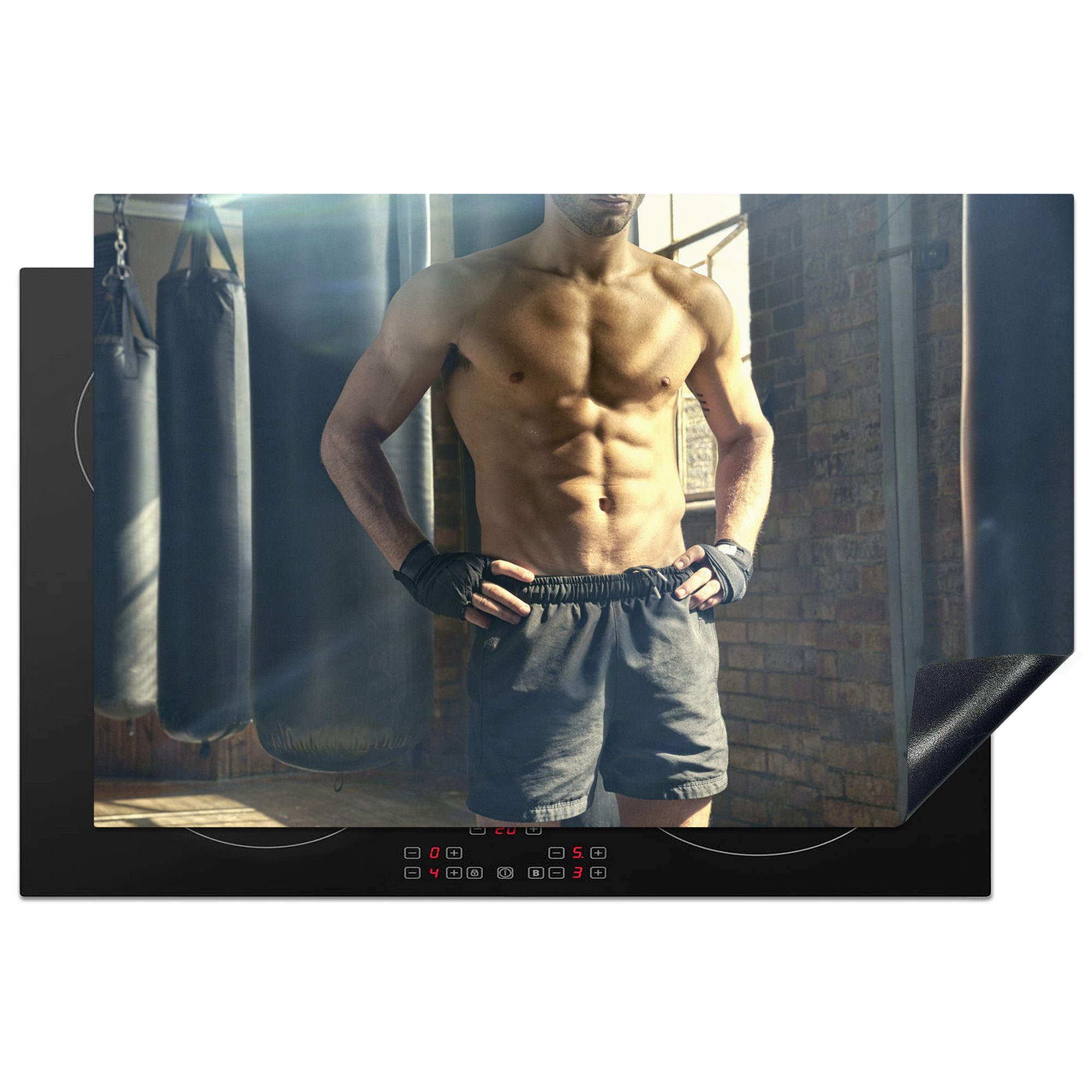 MuchoWow Herdblende-/Abdeckplatte Foto eines muskulösen Boxers, Vinyl, (1 tlg), 81x52 cm, Induktionskochfeld Schutz für die küche, Ceranfeldabdeckung