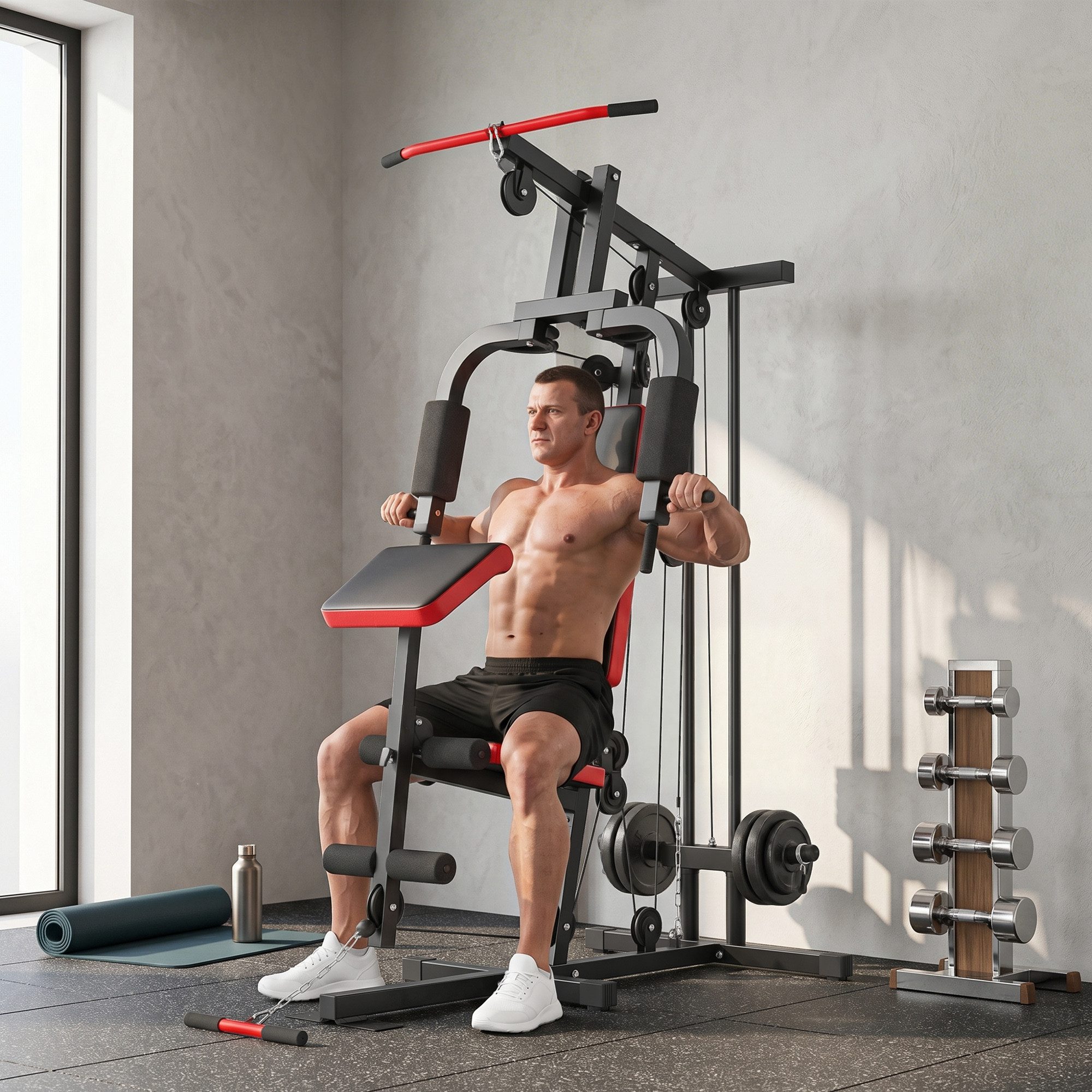 SPORTNOW Kraftstation mit Latzug, Butterflystange, verstellbar Preacher Bank, Beintrainer, 0 Gewichtsblöcke (Fitnessstation, 1-tlg., Multifunktion Smith Machine), für Zuhause Schwarz+Rot