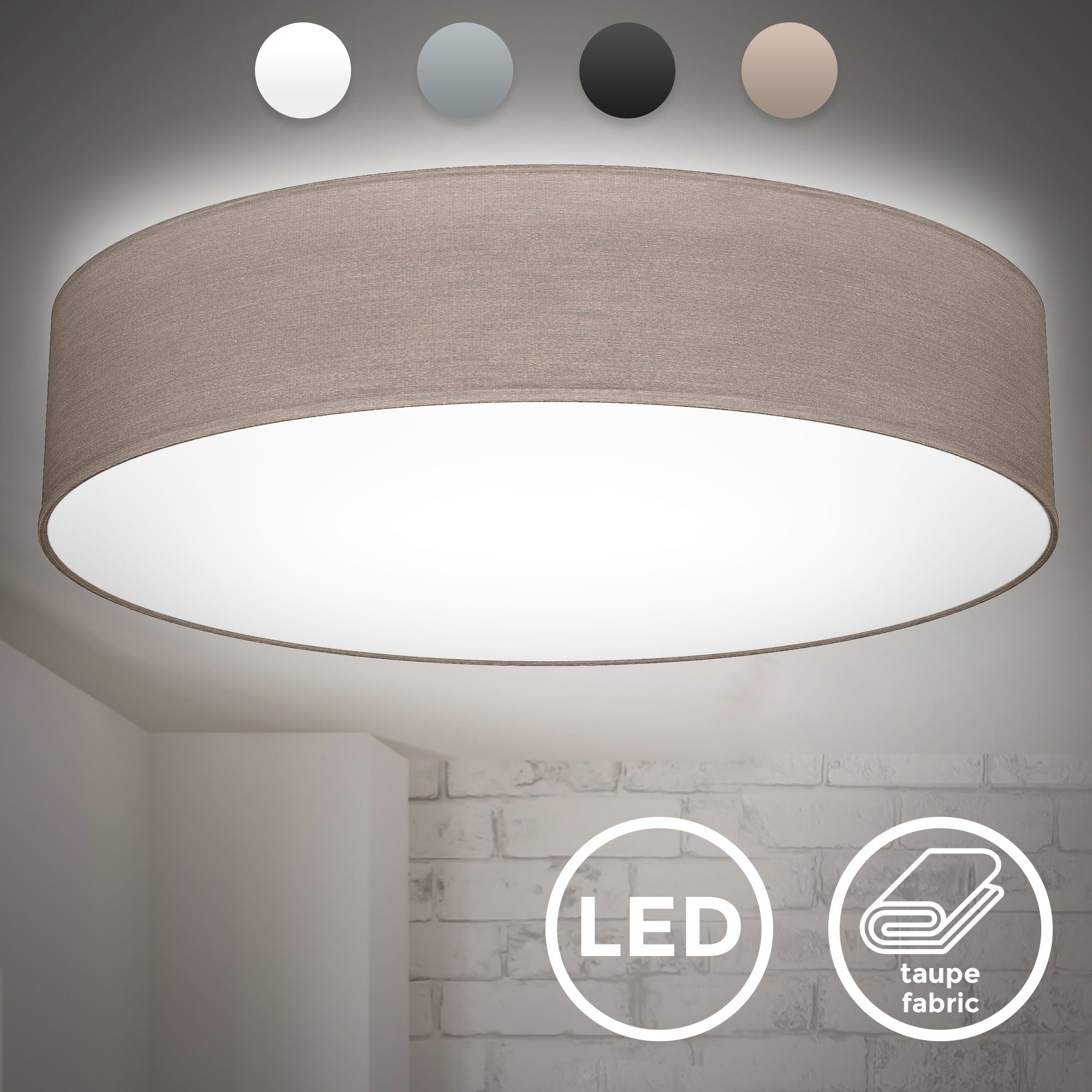 B.K.Licht Deckenleuchte LED Deckenlampe 20W 1.800lm 48cm 4.000K Stoff - BKL1395, LED fest integriert, Neutralweiß, Stoffdeckenleuchte Wohnzimmer Schlafzimmer Flur grau/ taupe/ weiß