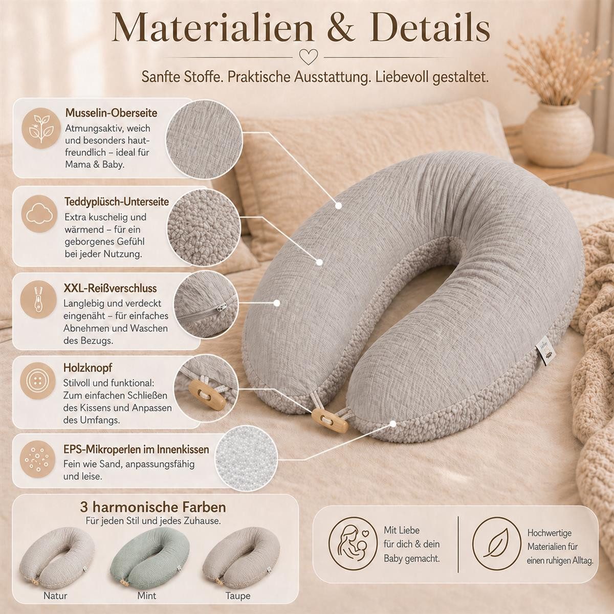 SEI Design Stillkissen XXL 190x35 cm Musselin EPS Mikroperlen Seitenschläferkissen GOTS Taupe, Schwangerschaftskissen mit Bezug, Schwangerschaftskissen mit Bezu – Bild 5 von 5