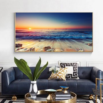 TPFLiving Kunstdruck (OHNE RAHMEN) Poster - Leinwand - Wandbild, Wunderschönes Strandblaues Meereslandschafts-Leinwandgemälde (Leinwandbild XXL), Farben: Gelb, Braun, Blau, Weiß, Schwarz, Blau -Größe: 20x40cm