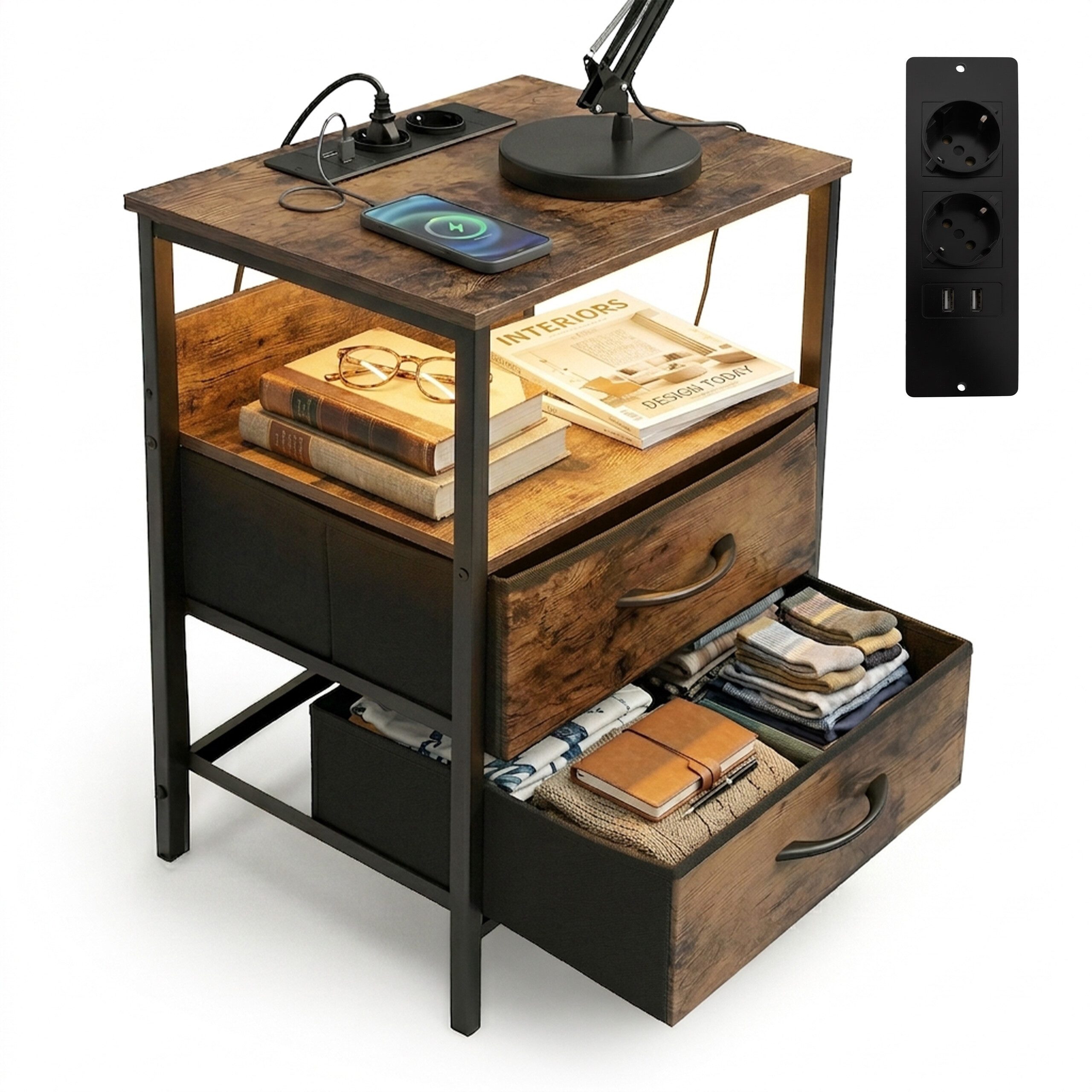 relaxdays Nachttisch Beistelltisch mit LED & USB-Anschluss (2-St), Vintagebraun