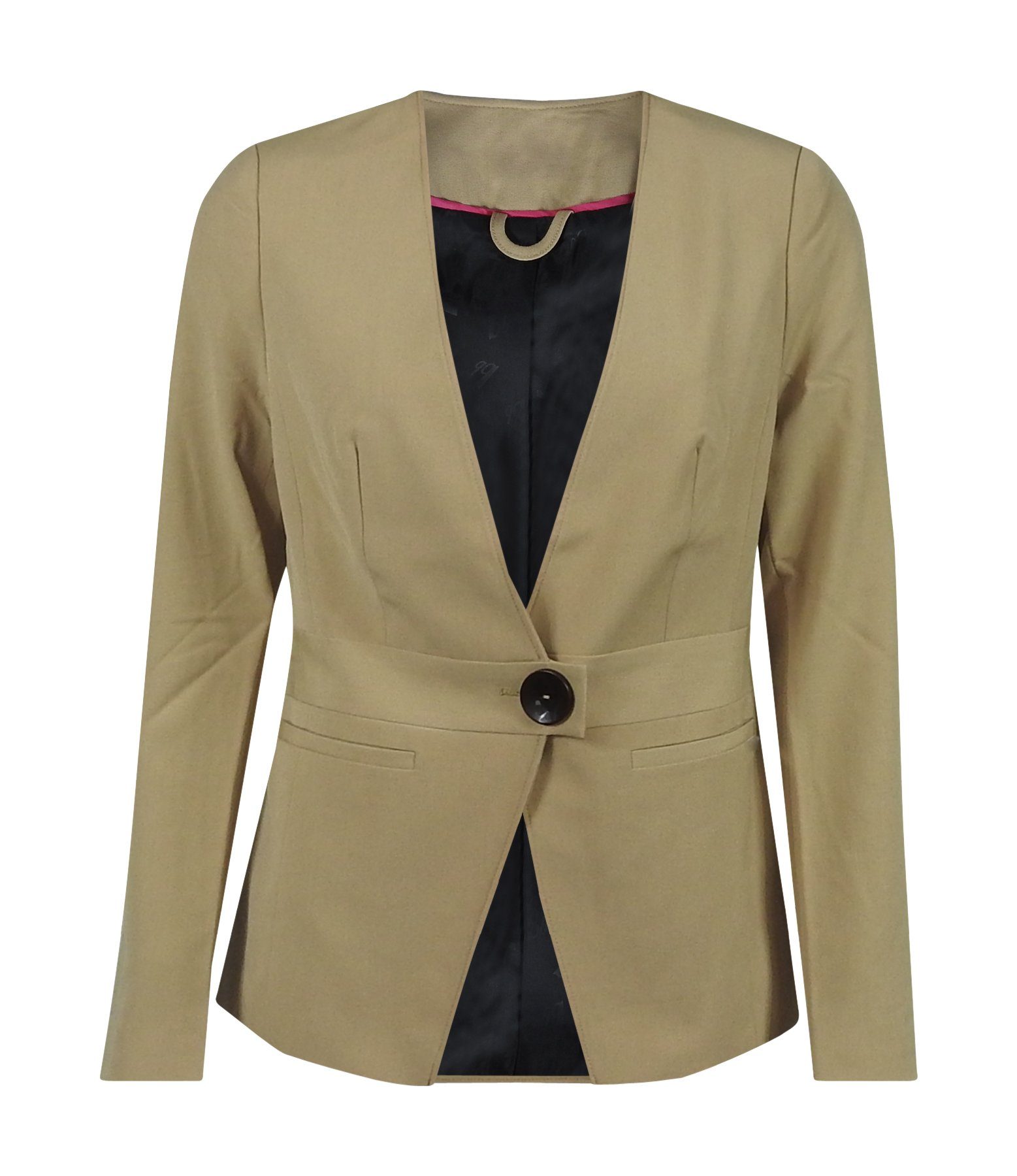 dynamic24 Blazer Casual Damen Business Basic Sakko Jacke kragenlos Jerseyblazer beige