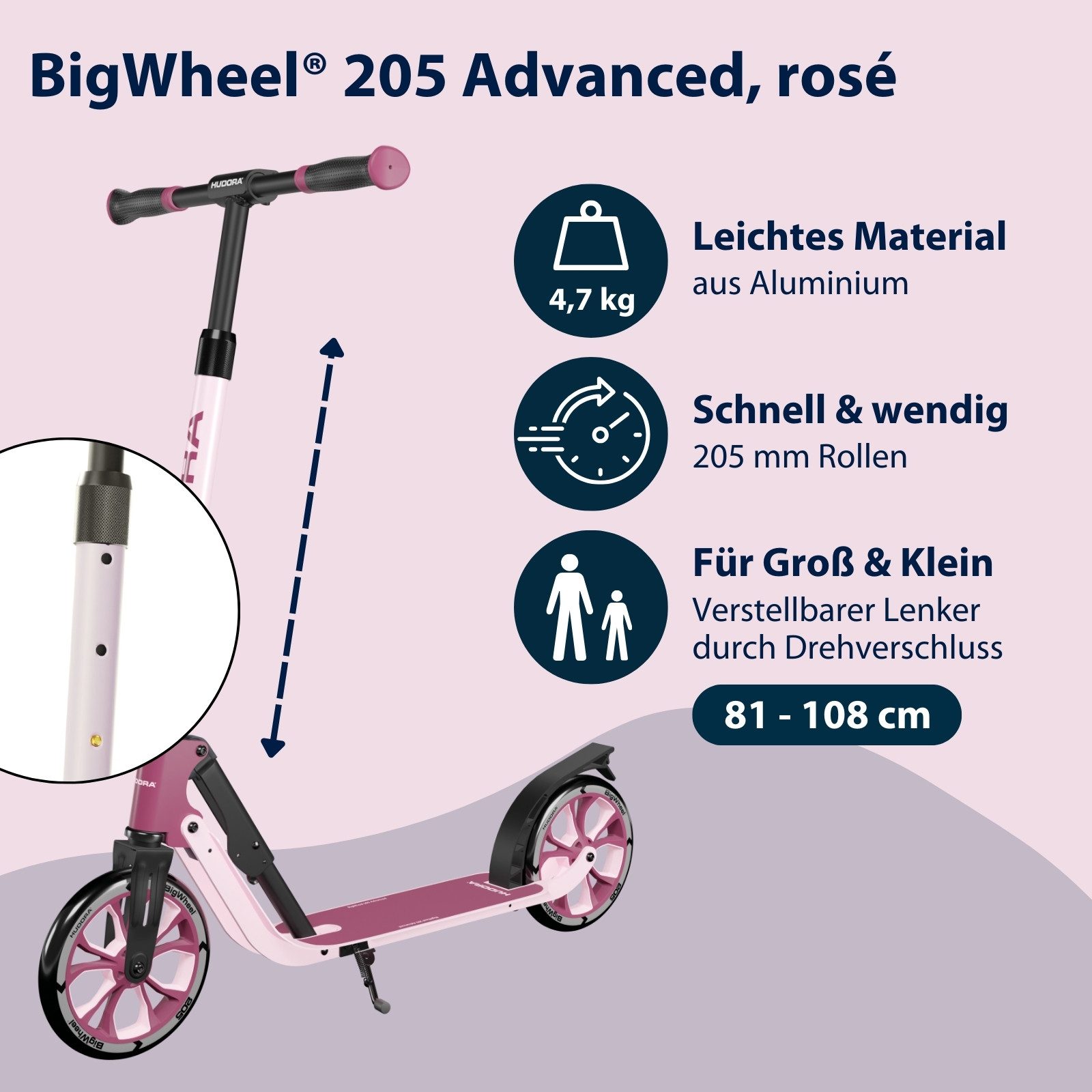 Hudora Cityroller BigWheel® 205 Advanced, Tretroller, (max. 100kg), einklappbarer, höhenverstellbarer Kick-Scooter