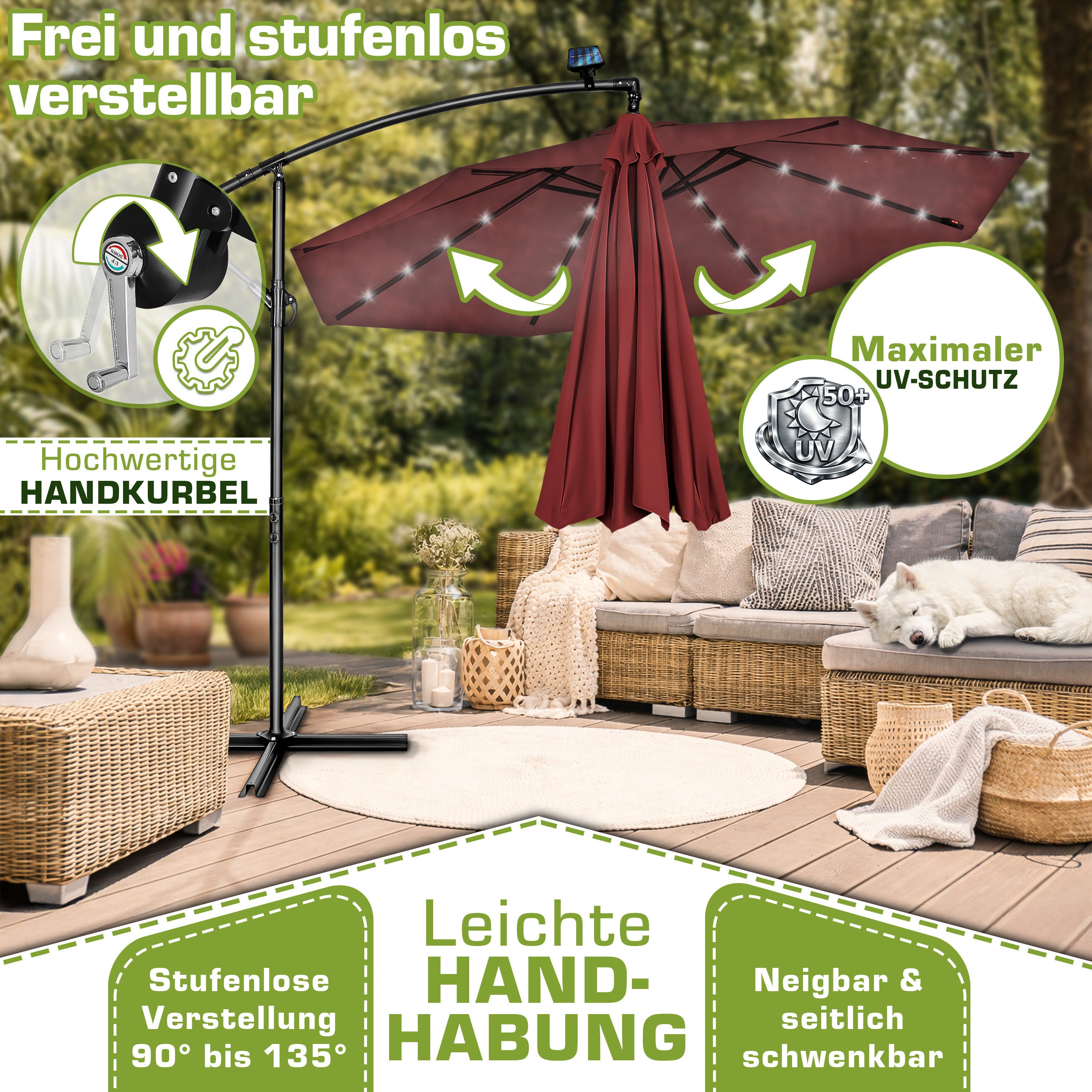 tillvex Sonnenschirm tillvex® Sonnenschirm LED Solar Ø 3m Ampelschirm Balkon Gartenschirm, Alu Ampelschirm + Abdeckung LED Solar Ø 350 cm mit Kurbel, Abdeckung + Ständer, Gartenschirm UV-Schutz Aluminium, Kurbelschirm Marktschirm wasserdicht 360° drehbar