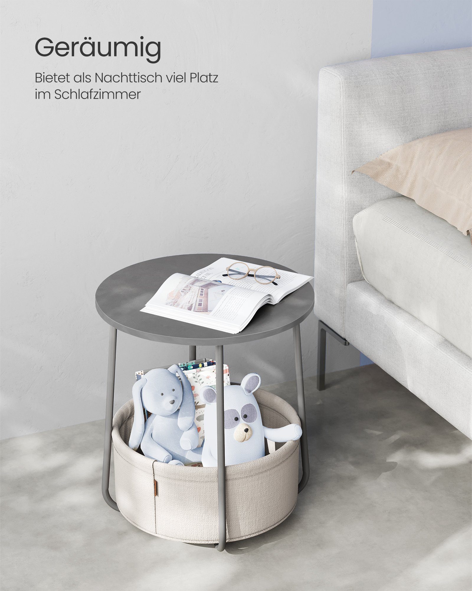 VASAGLE Beistelltisch rund, Couchtisch, mit Korb aus Stoff, Ø45 cm, modern