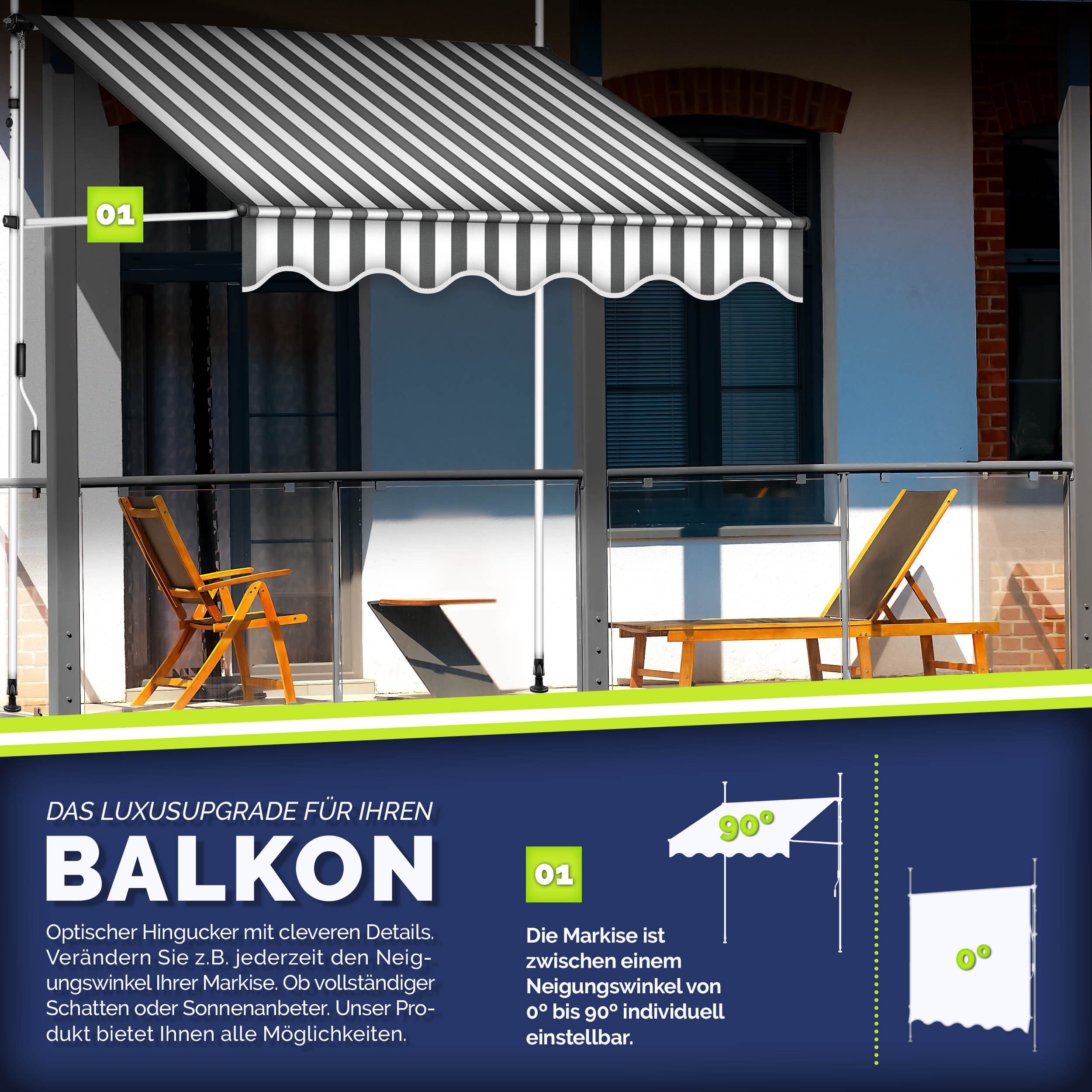 tillvex Klemmmarkise ohne Bohren mit LED & Handkurbel Balkonmarkise Markise Balkon (UV-beständig & höhenverstellbar Sonnenschutz wasserdicht)
