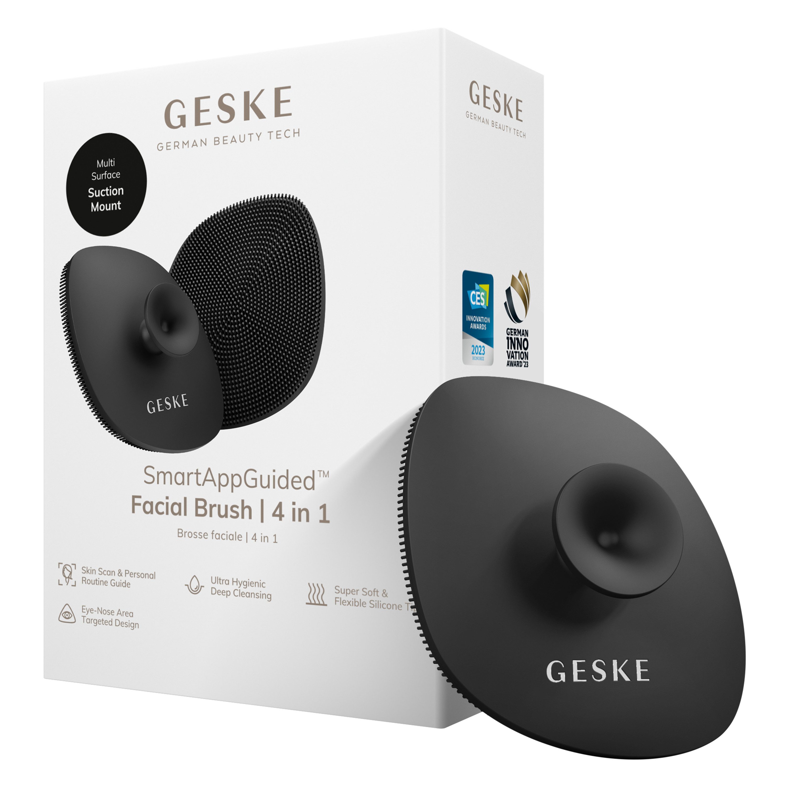 GESKE German Beauty Tech Gesichtsreinigungsbürste SmartAppGuided™ Facial Brush 4 in 1, Packung, 1-tlg., inkl. kostenloser APP (SmartAppGuided Device), Mit der GESKE App erhältst Du deine personalisierte Hautpflegeroutine.