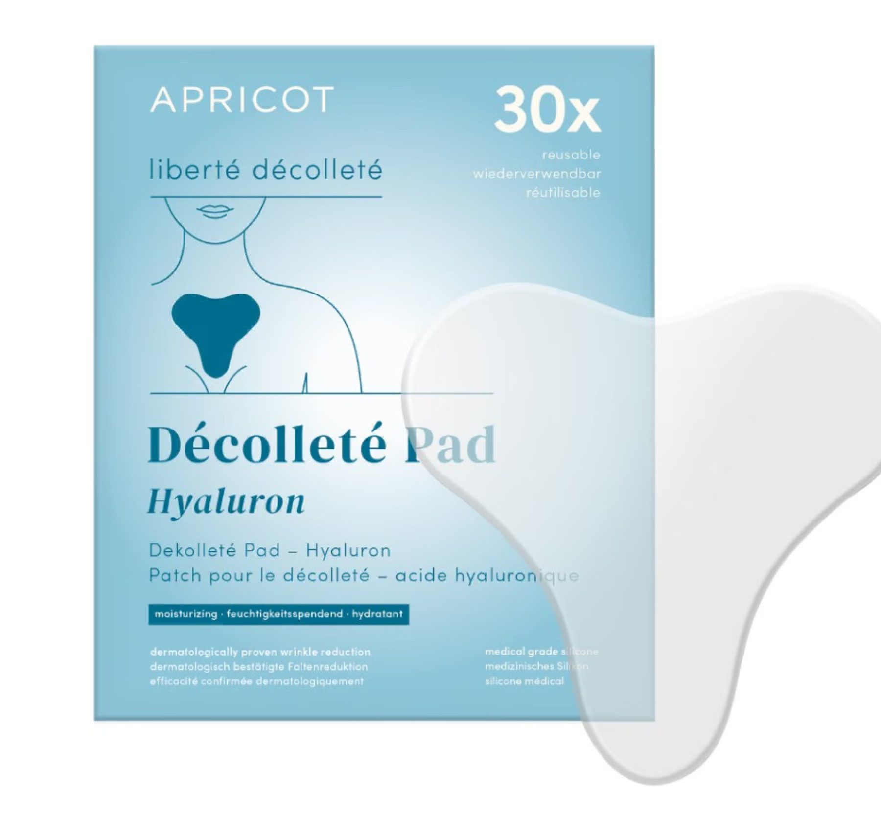 Apricot Dekolletee-Maske Anti-Falten-Pad aus medizinischem Silikon mit Hyaluron Dermatologisch bestätigt Vegan Tierversuchsfrei, 1-tlg., Bis zu 30-mal wiederverwendbar