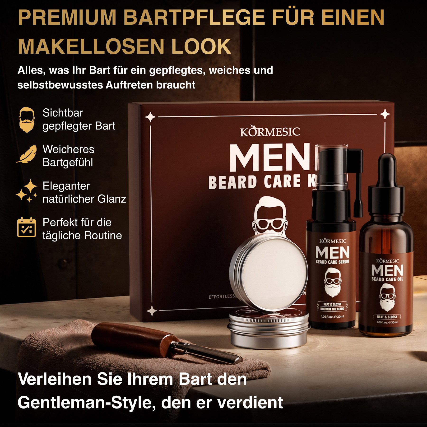 KORMESIC Bartpflege-Set mit Bartöl Pflegebalsam Serum Wachs Geschenkset für Männer, 3-tlg., Oil, Serum, Balm, Bartpflege, Bartset, Duft