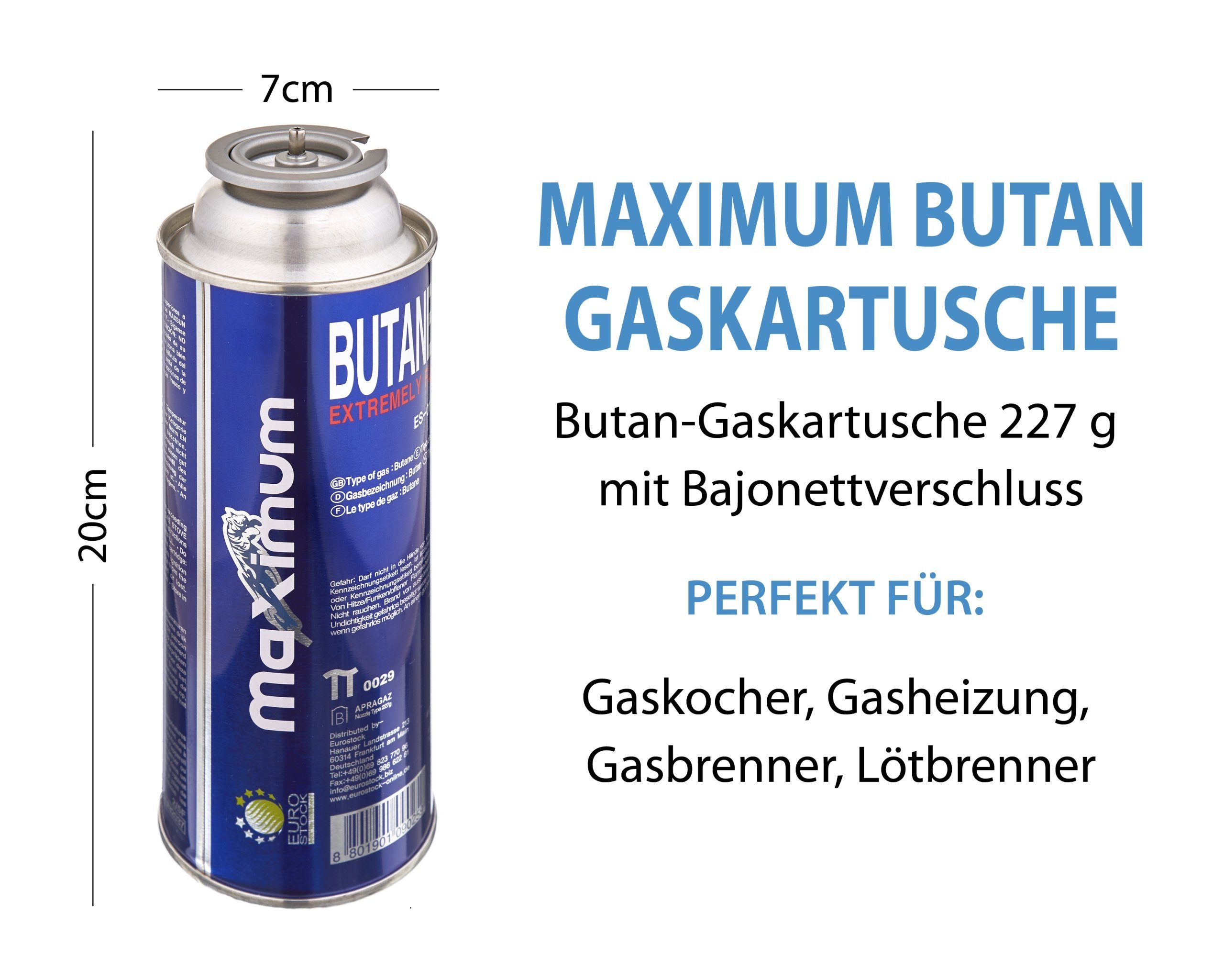 MaXimum Gaskartusche 28 x Butan-Gas-Kartusche: 227g für zuverlässige Outdoor-Geräte, Zubehör für Gasgrill, Gaskocher, Campingkocher, Gaskühlschrank, Gaskühlbox, Lötpistole, Lötbrenner, sowie Bunsenbrenner und andere Geräte mit Bajonett-Anschluss, 1 St., 227Gramm Einweg